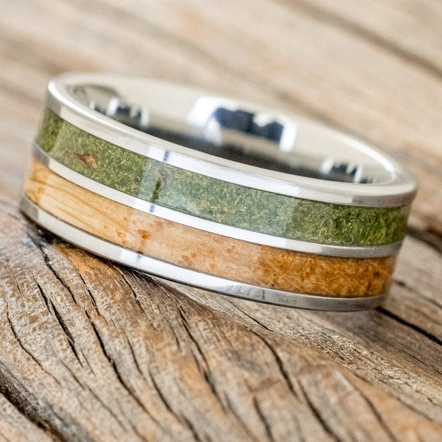 "DYAD" - MOSS & WHISKEY BARREL OAK WEDDING BAND-2