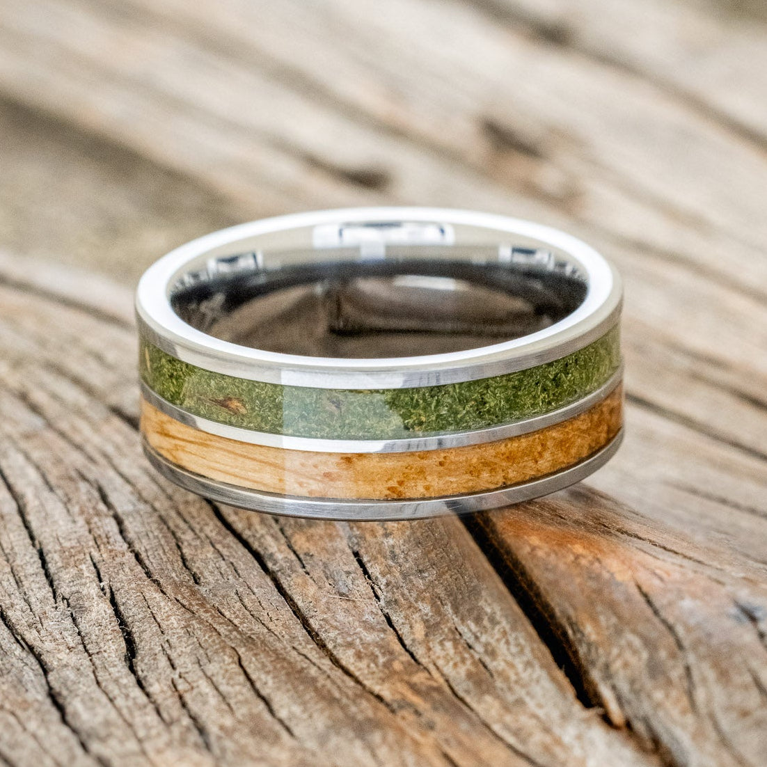 "DYAD" - MOSS & WHISKEY BARREL OAK WEDDING BAND-3