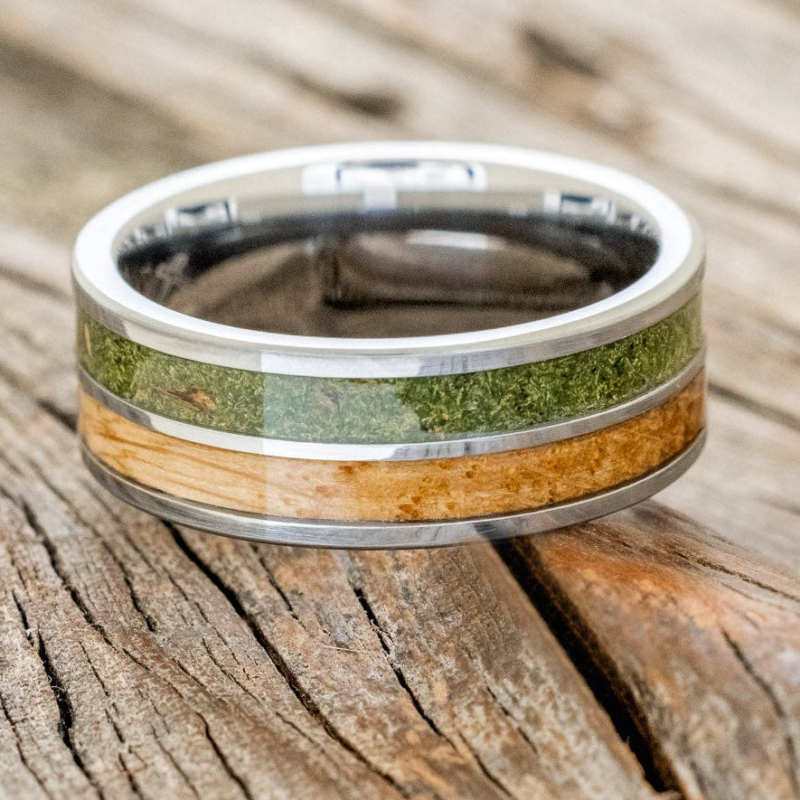 "DYAD" - MOSS & WHISKEY BARREL OAK WEDDING BAND-3