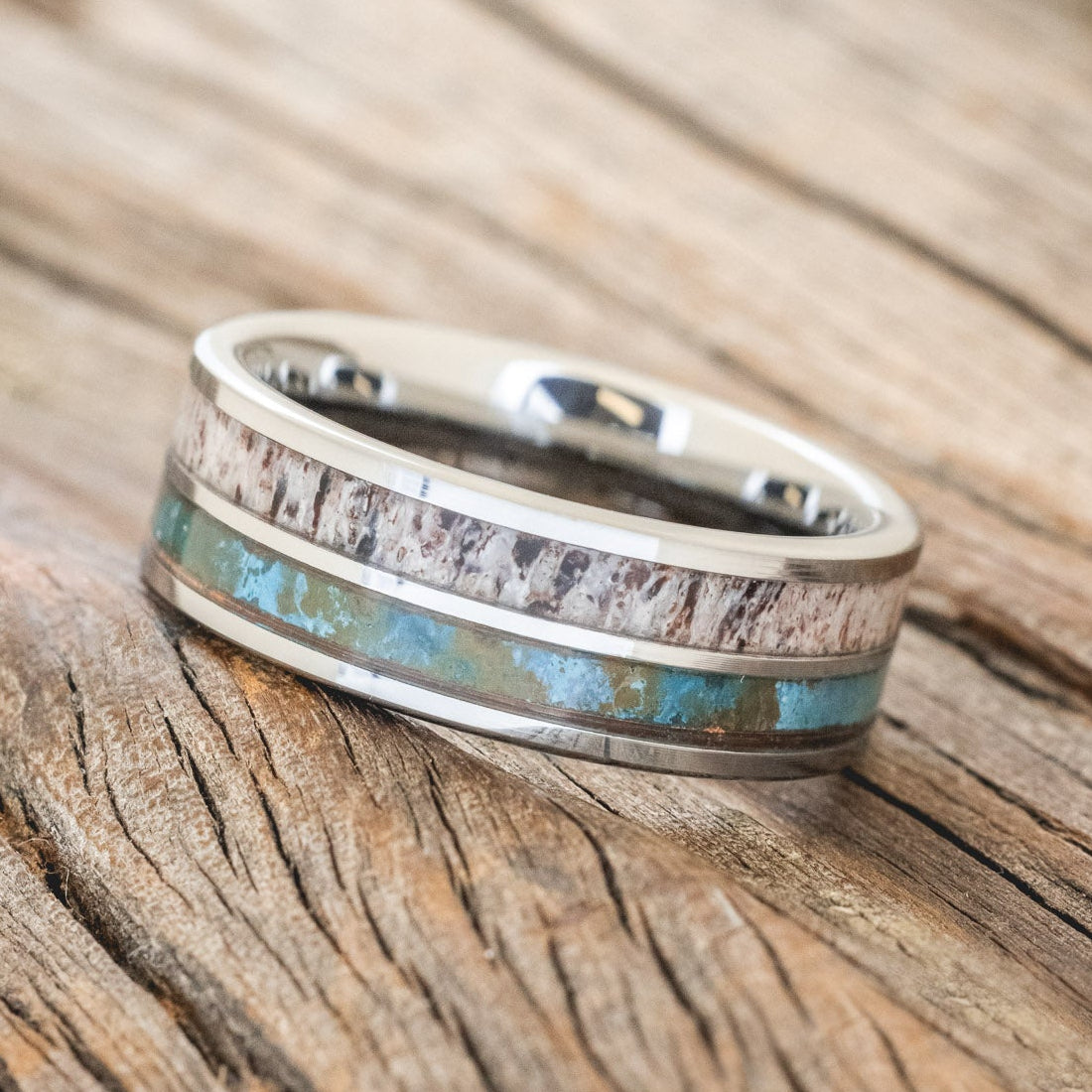 "DYAD" - PATINA COPPER & ANTLER WEDDING BAND-8