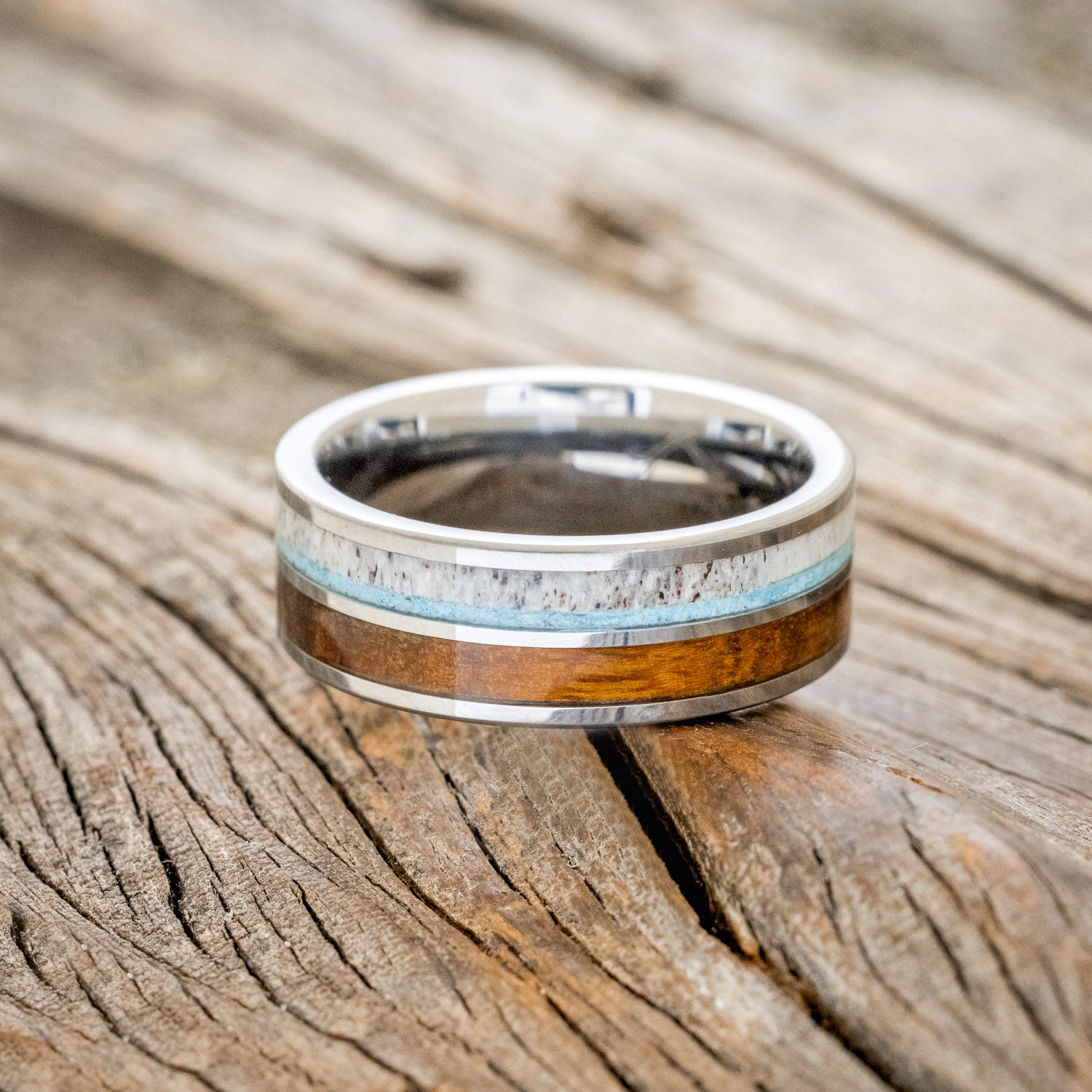 "DYAD" - IRONWOOD, ANTLER & TURQUOISE WEDDING BAND-6