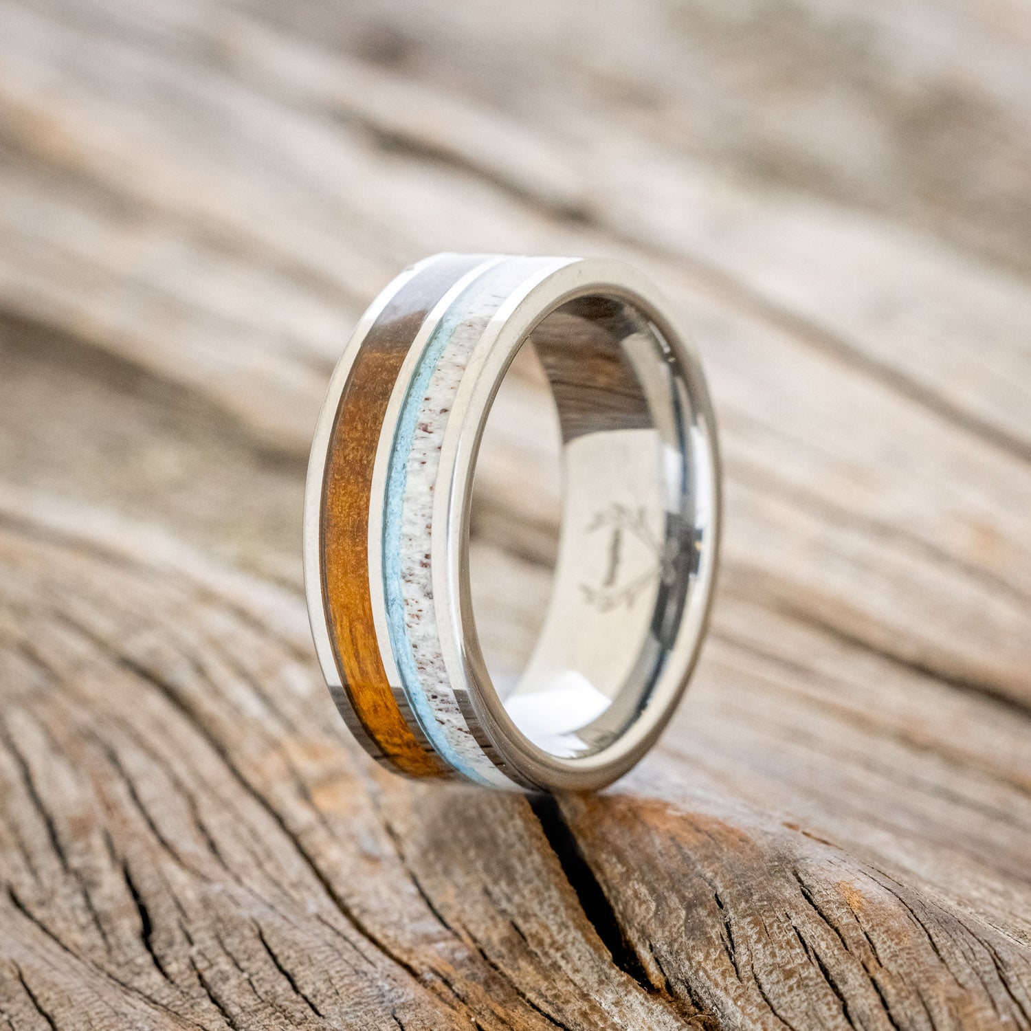 "DYAD" - IRONWOOD, ANTLER & TURQUOISE WEDDING BAND-4