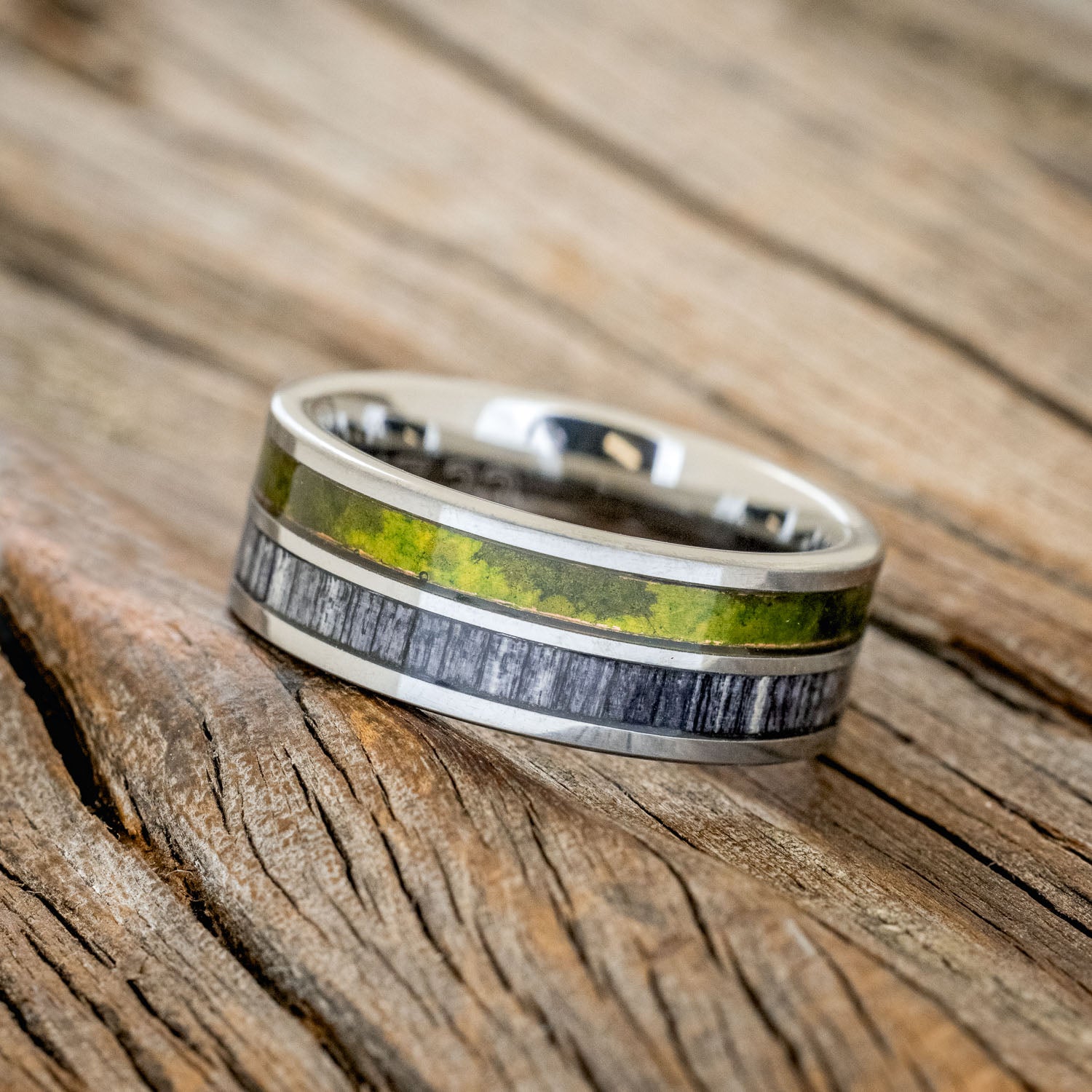 "DYAD" - MOSSY PATINA COPPER & GREY BIRCH WOOD WEDDING BAND-8