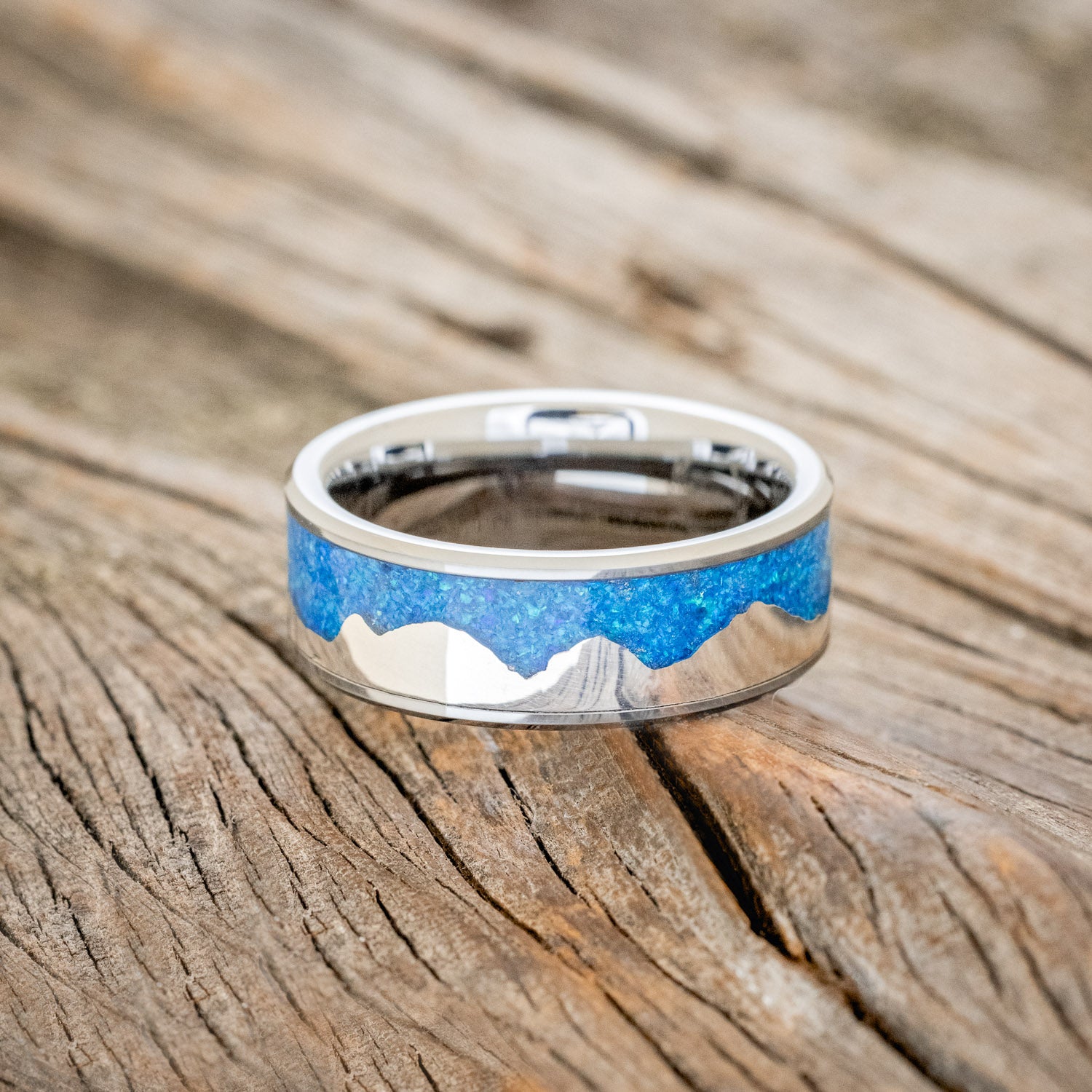 "HELIOS" - BLUE OPAL WITH SILVER MOUNTAIN RANGE WEDDING BAND-6