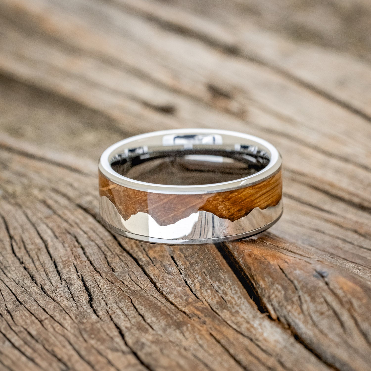 "HELIOS" - WHISKEY BARREL OAK & SILVER MOUNTAIN RANGE WEDDING BAND-6