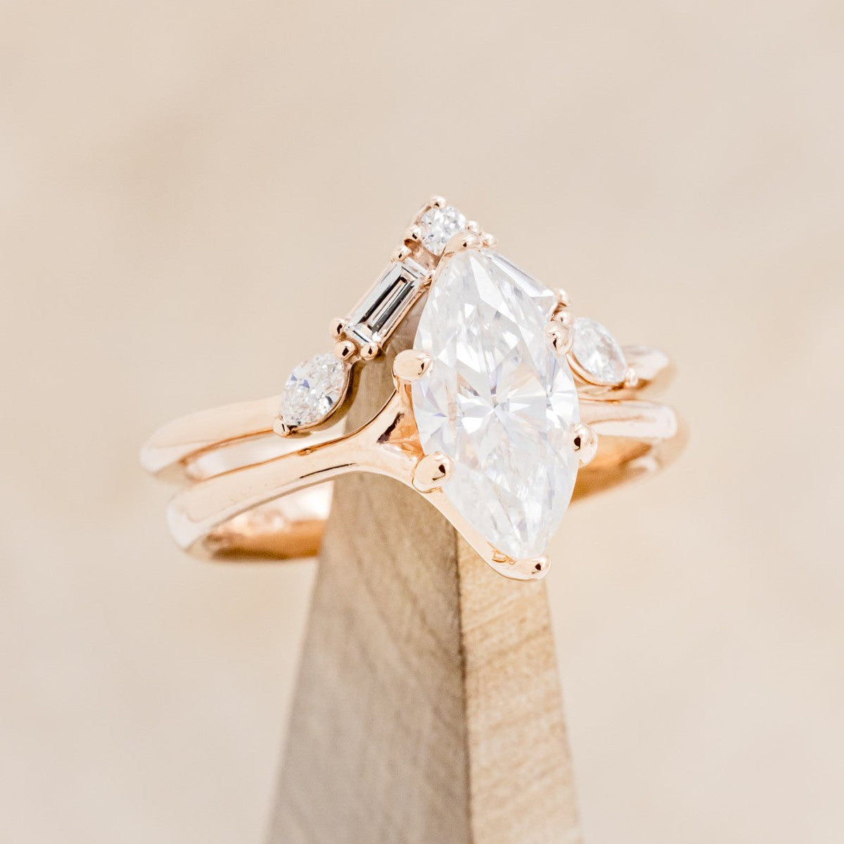 "TULIP" - MARQUISE MOISSANITE ENGAGEMENT RING WITH "MELODY" DIAMOND STACKING BAND-1