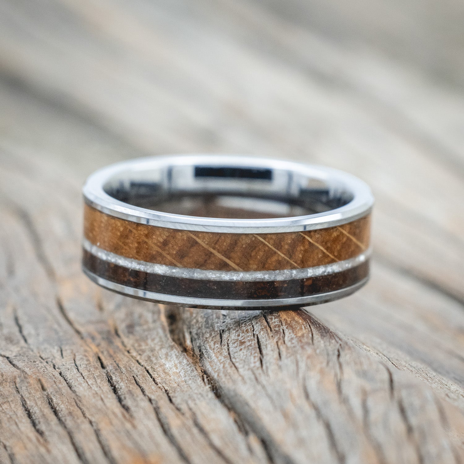 "RAINIER" - DIAMOND DUST, WHISKEY BARREL & COFFEE INLAY WEDDING BAND-Staghead Designs