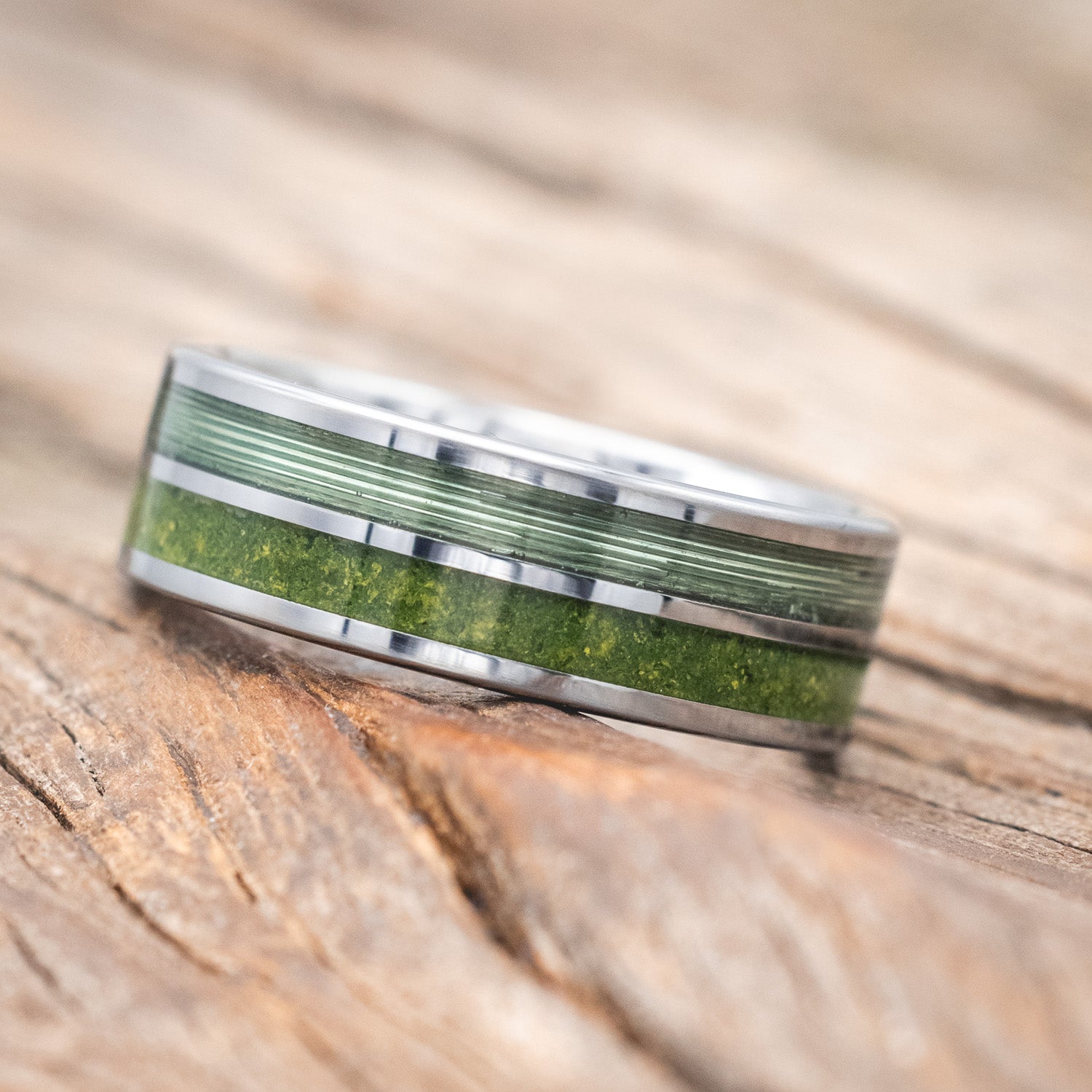 "DYAD" - MOSS & FISHING LINE WEDDING BAND-Staghead Designs