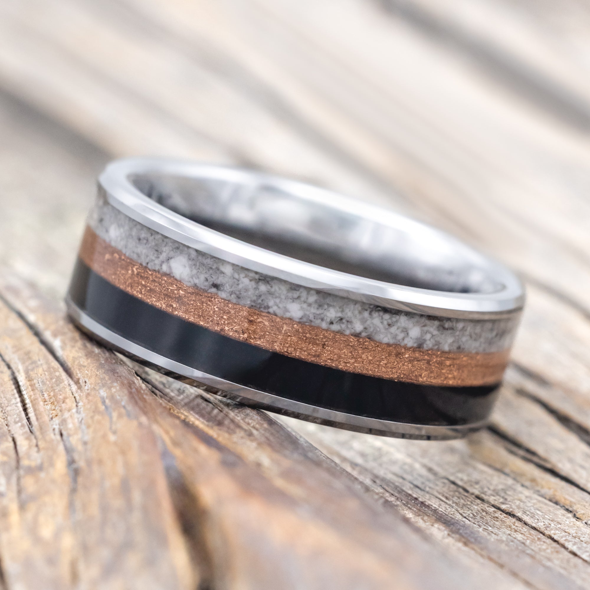"REDLINE" - CUSTOM CAR PARTS INLAY WEDDING BAND-Staghead Designs