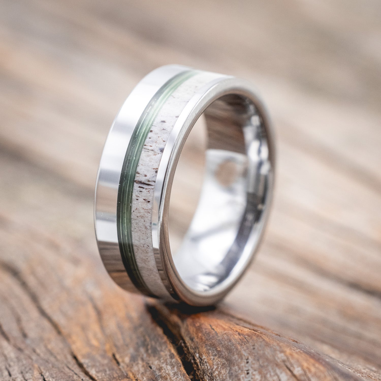 "TANNER" - CLEAR FISHING LINE & ANTLER WEDDING BAND-Staghead Designs