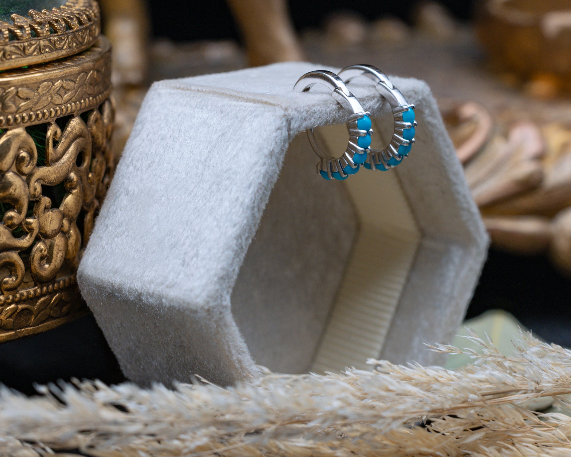 TURQUOISE HUGGIE HOOP EARRINGS-Staghead Designs