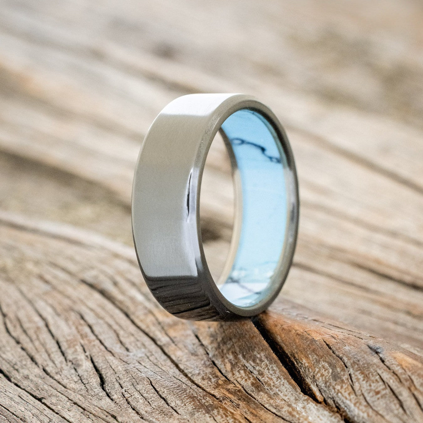 TURQUOISE & BLACK MATRIX TRUSTONE LINED WEDDING BAND-1