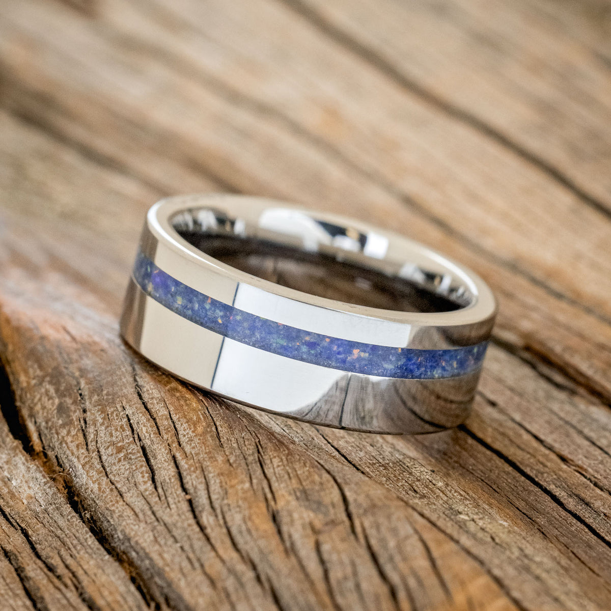 "Vertigo" - Mixed Lapis Lazuli & Fire and Ice Opal Wedding Band - Tungsten (8mm) - Size 10