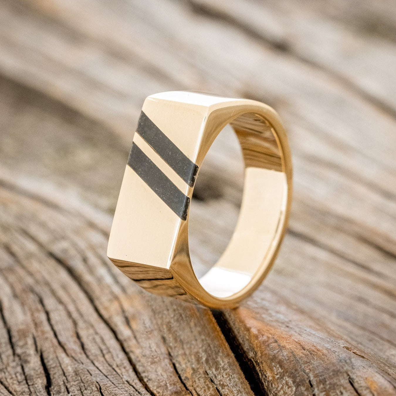"TWAIN" - FLAT TOP WEDDING RING FEATURING DIAGONAL BLACK JET STONE INLAYS-1
