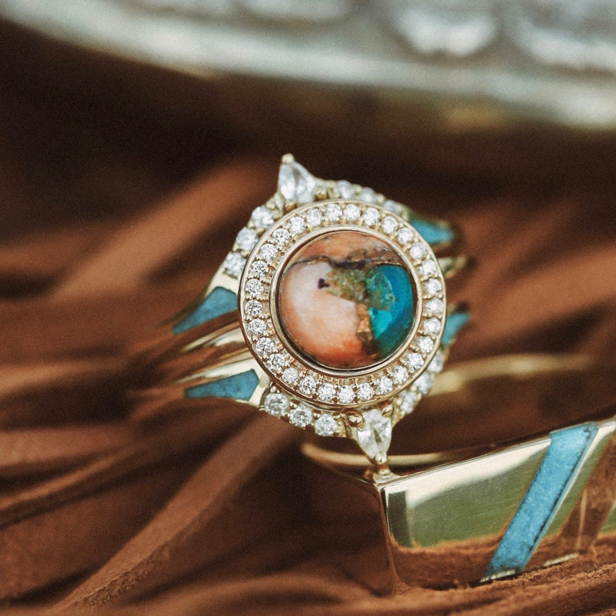 "TERRA" - BRIDAL SUITE - ROUND CUT SPINY OYSTER TURQUOISE ENGAGEMENT RING WITH DIAMOND HALO & TRACER-29