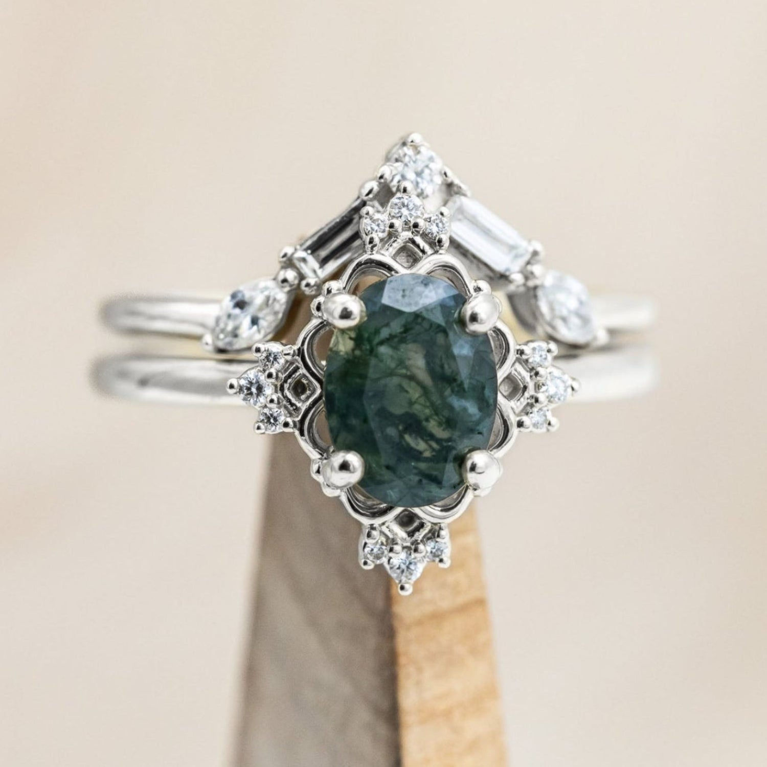 "TREVA" - OVAL CUT ENGAGEMENT RING WITH DIAMOND ACCENTS & "MELODY" TRACER-Staghead Designs