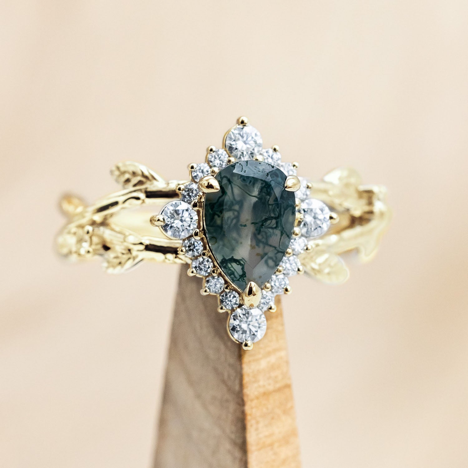 "ARTEMIS ON THE VINE DIVINE" - PEAR ENGAGEMENT RING WITH DIAMOND ACCENTS & A BRANCH-STYLE BAND-Staghead Designs