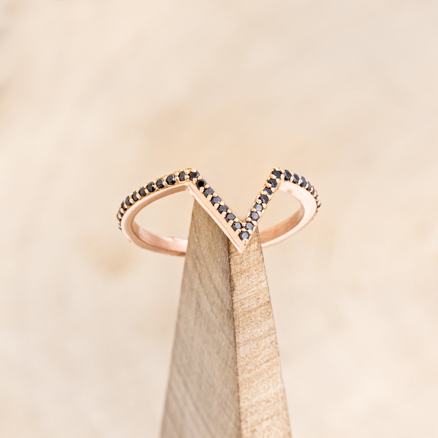 "JENNY FROM THE BLOCK" - TRIANGLE MOONSTONE ENGAGEMENT RING WITH BLACK DIAMOND V-SHAPED TRACER-29