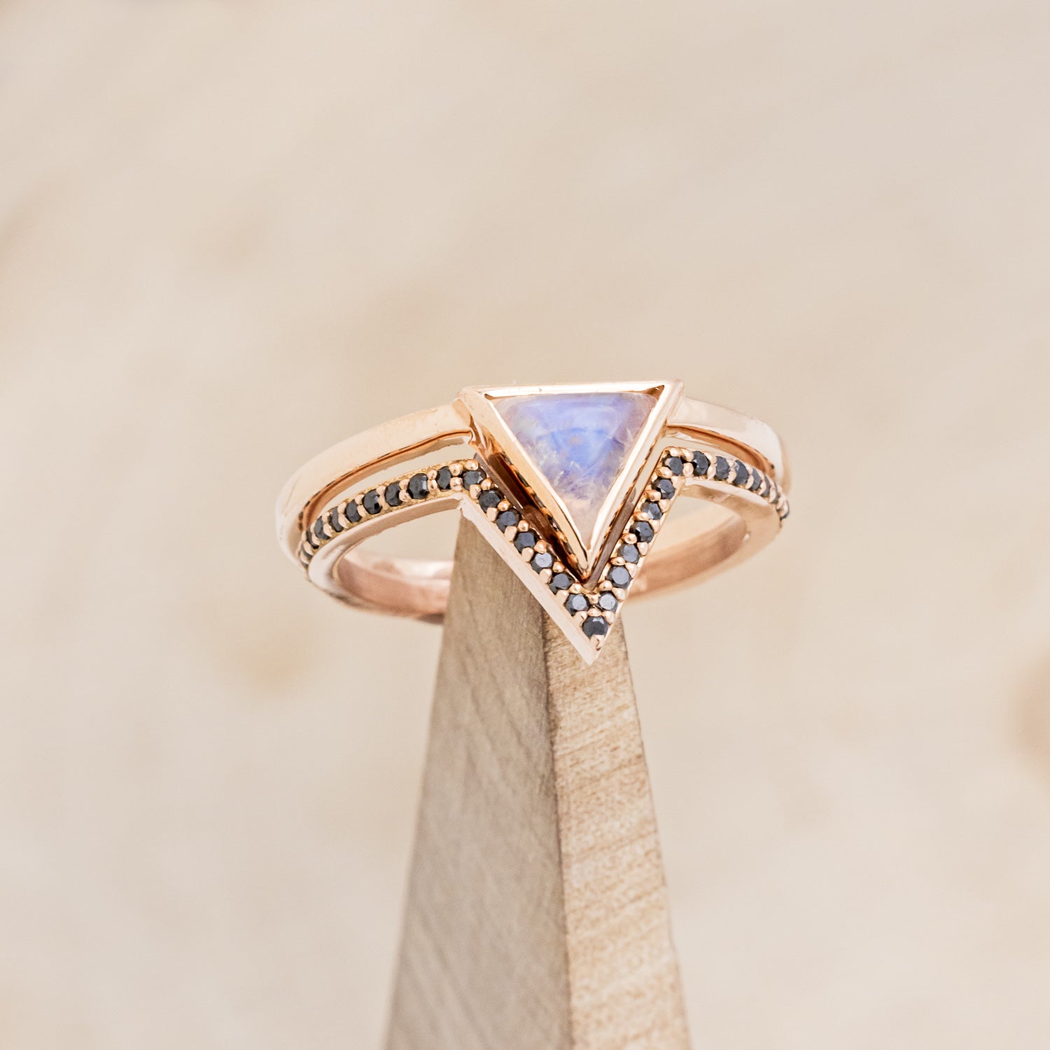 "JENNY FROM THE BLOCK" - TRIANGLE MOONSTONE ENGAGEMENT RING WITH BLACK DIAMOND V-SHAPED TRACER-19