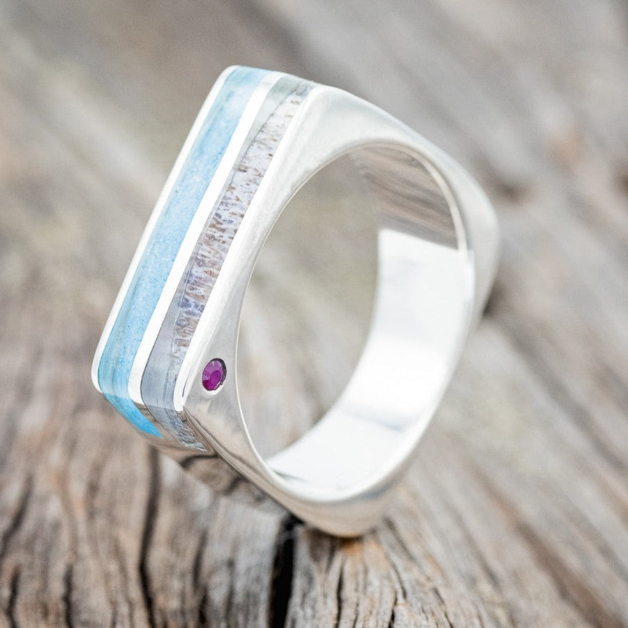 "VEGA" - FLAT TOP WEDDING BAND WITH TURQUOISE, ANTLER INLAYS & SIDE SET RUBIES-1