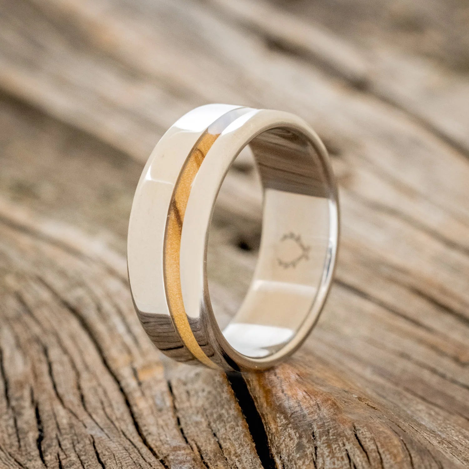 "VERTIGO" - BETHLEHEM OLIVE WOOD WEDDING BAND- TITANIUM - SIZE 7 3/4-1