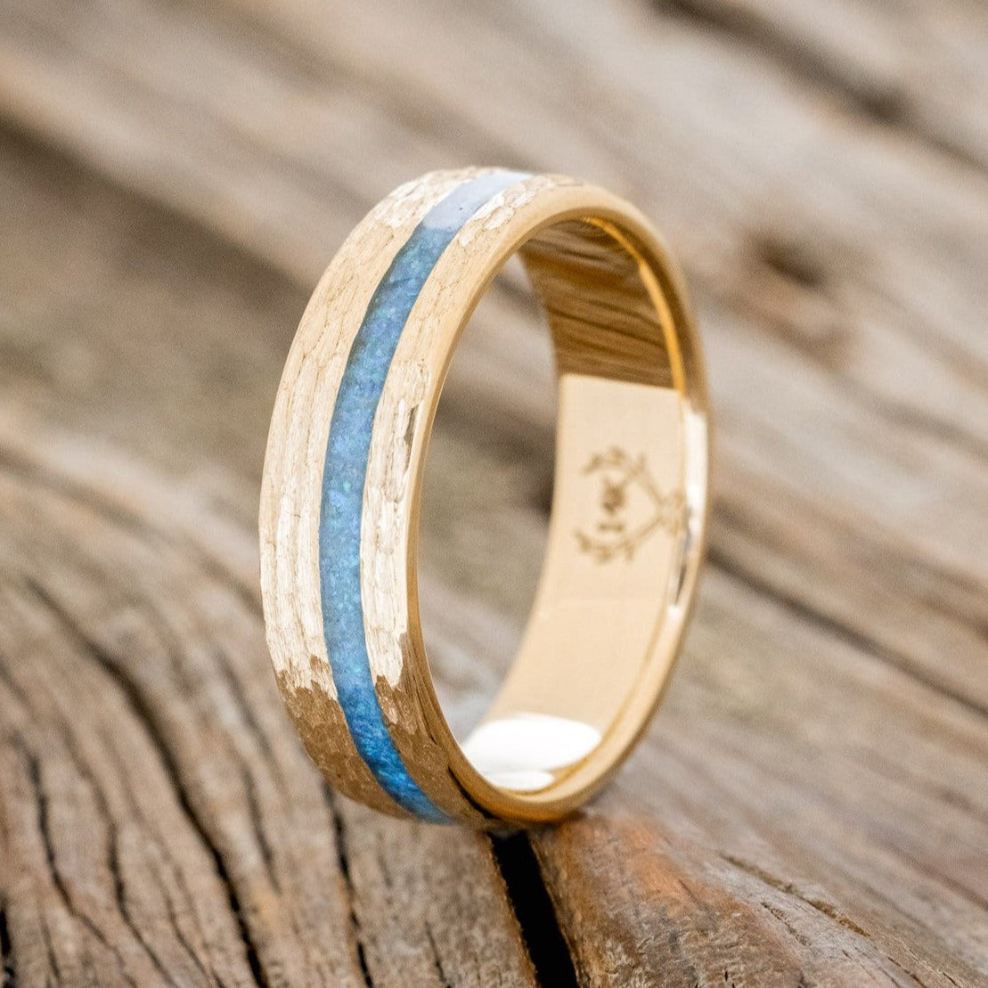 "VERTIGO" - BLUE OPAL WEDDING RING FEATURING A HAMMERED 14K GOLD BAND-1
