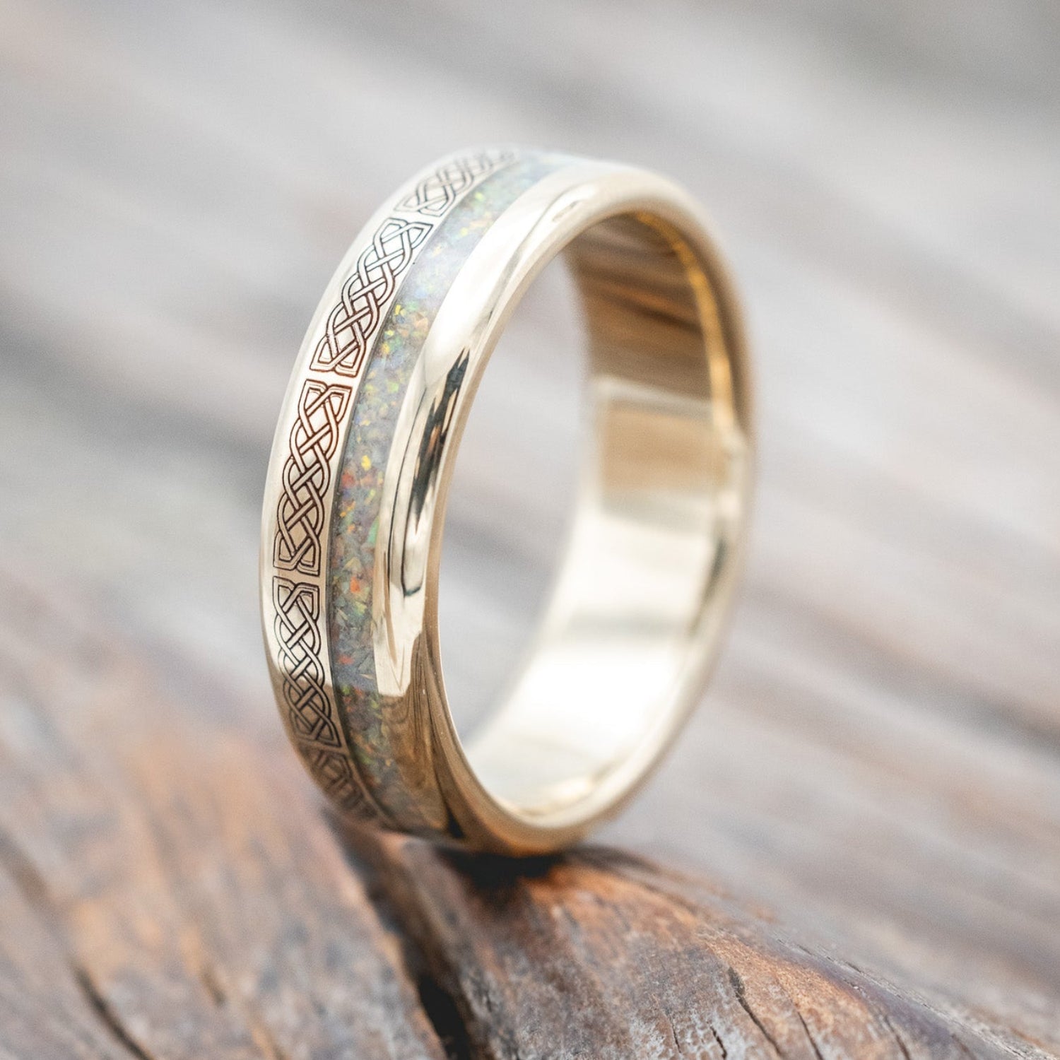 "VERTIGO" - CELTIC SAILOR'S KNOT ENGRAVED WITH FIRE & ICE OPAL WEDDING RING-Staghead Designs