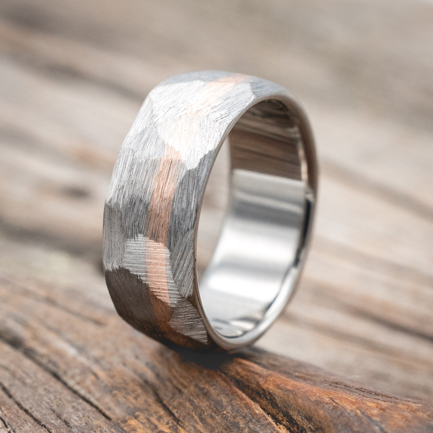 "VERTIGO" - FACETED WEDDING RING WITH A 14K GOLD INLAY-Staghead Designs