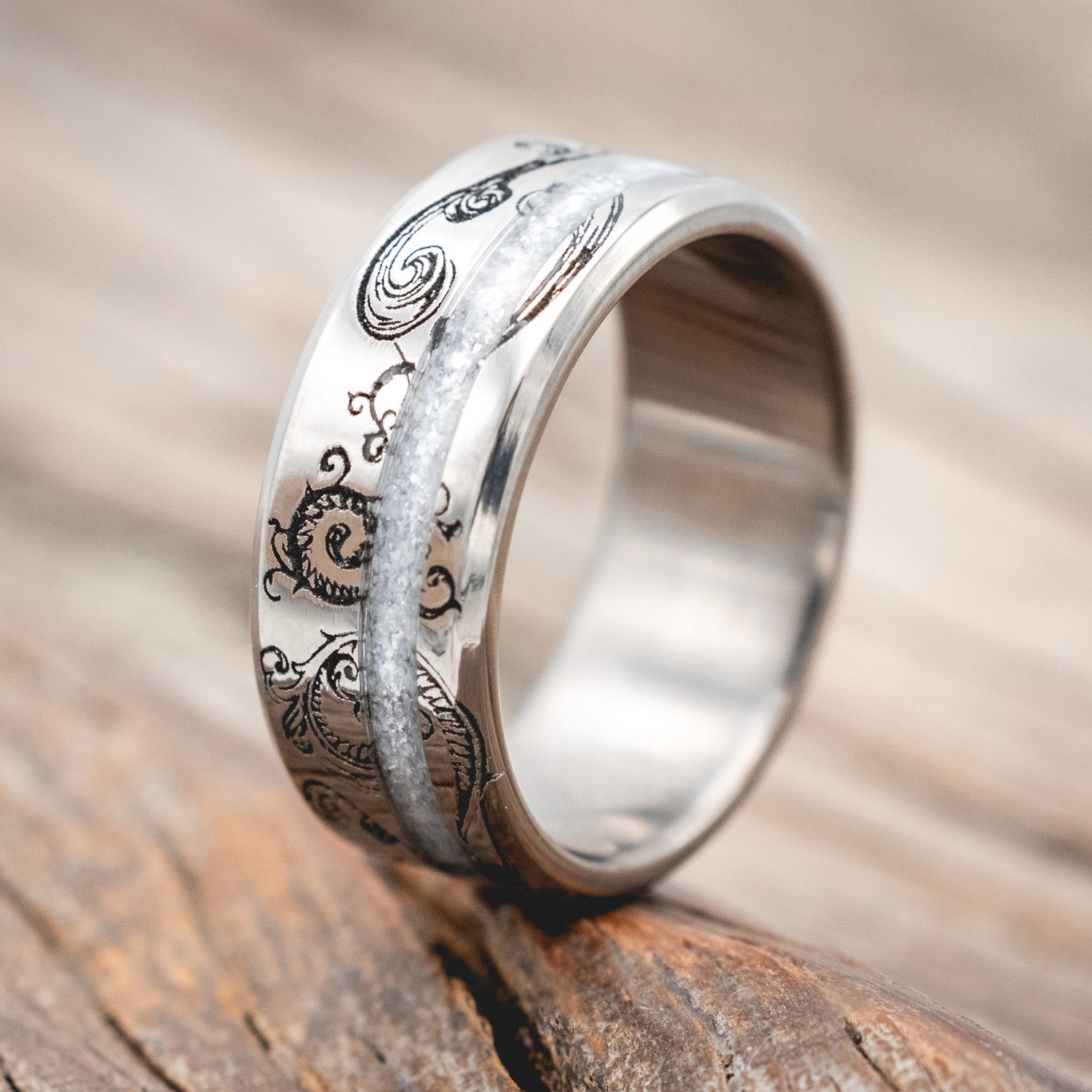 "VERTIGO" - FLORAL ENGRAVED DIAMOND DUST WEDDING RING-Staghead Designs