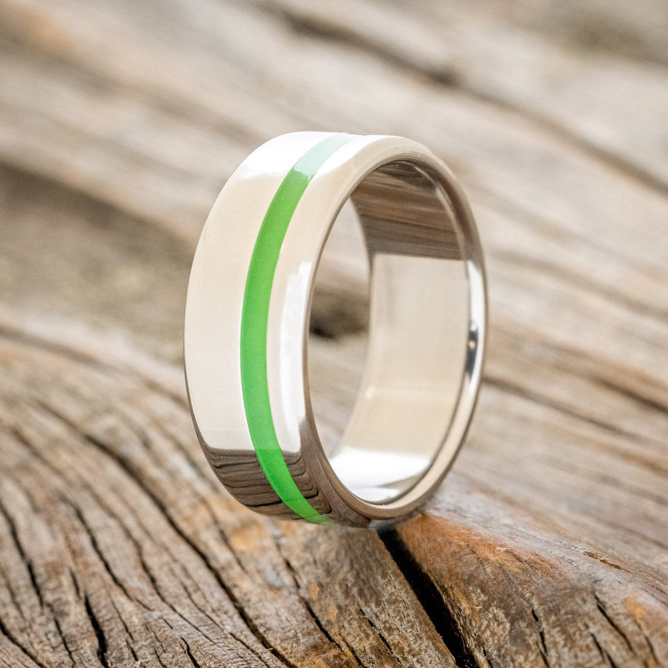 "VERTIGO" - GREEN GLOW IN THE DARK INLAY WEDDING BAND-1