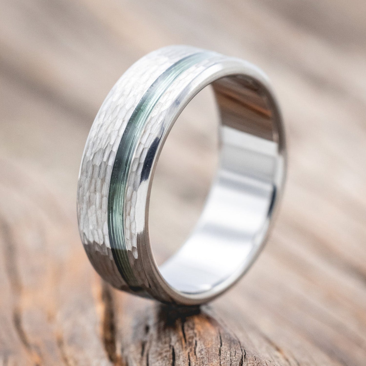 "VERTIGO" - HAMMERED WEDDING BAND WITH FISHING LINE INLAYS-Staghead Designs