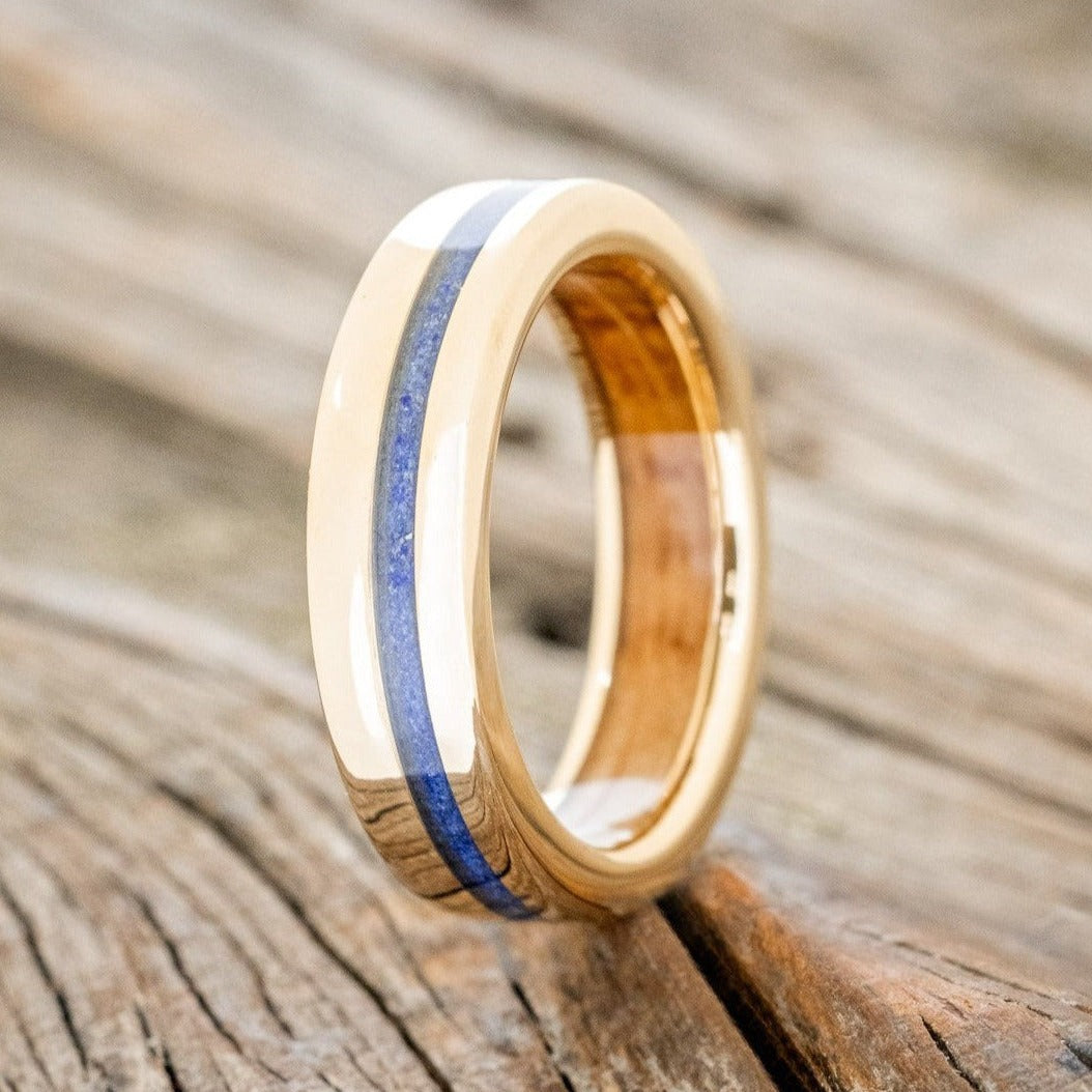 "VERTIGO" - LAPIS LAZULI WEDDING RING FEATURING A WHISKEY BARREL LINED BAND-1