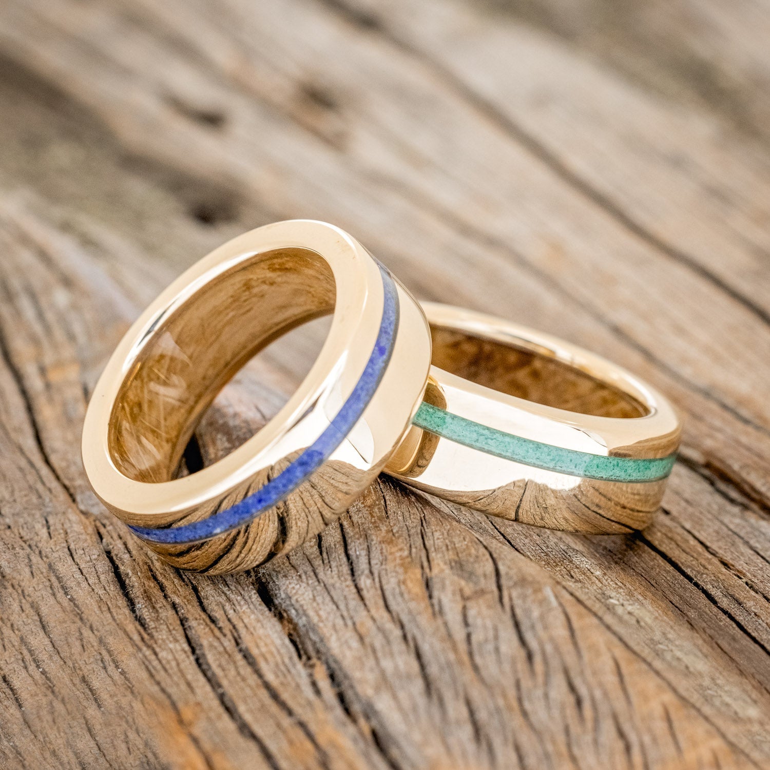 "VERTIGO" - MATCHING SET OF 14K GOLD BANDS WITH MALACHITE, LAPIS LAZULI INLAYS & WHISKEY BARREL LINING-1