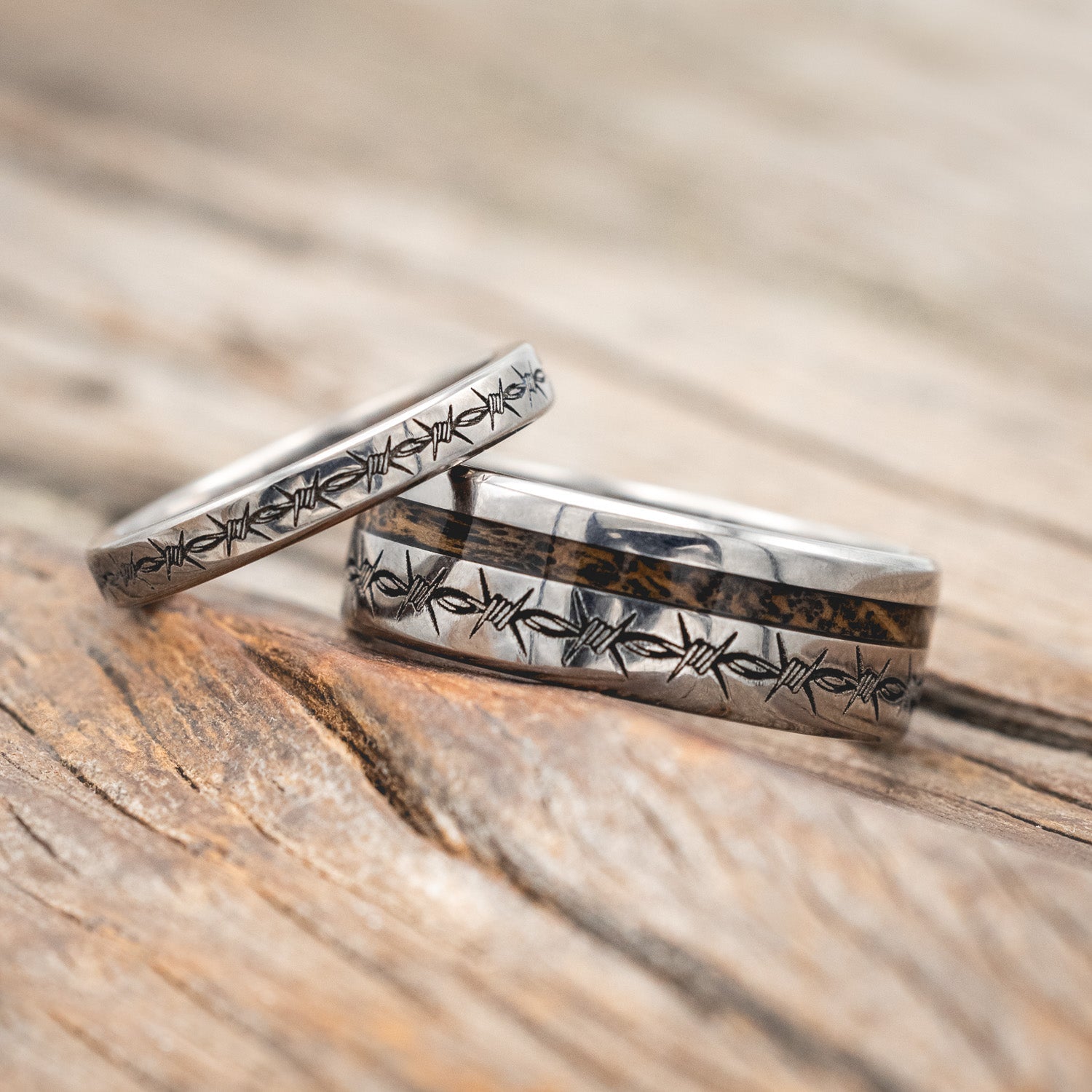 "VERTIGO" - MATCHING SET OF BARBED WIRE ENGRAVED & TATTOO INK WEDDING BANDS-Staghead Designs