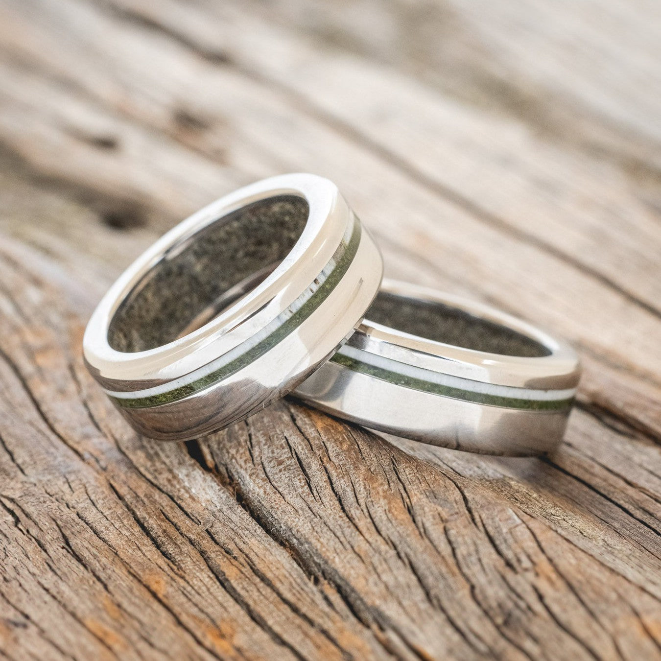 "VERTIGO" - MOSS & ANTLER INLAYS WITH SAND LINING WEDDING MATCHING SET-1