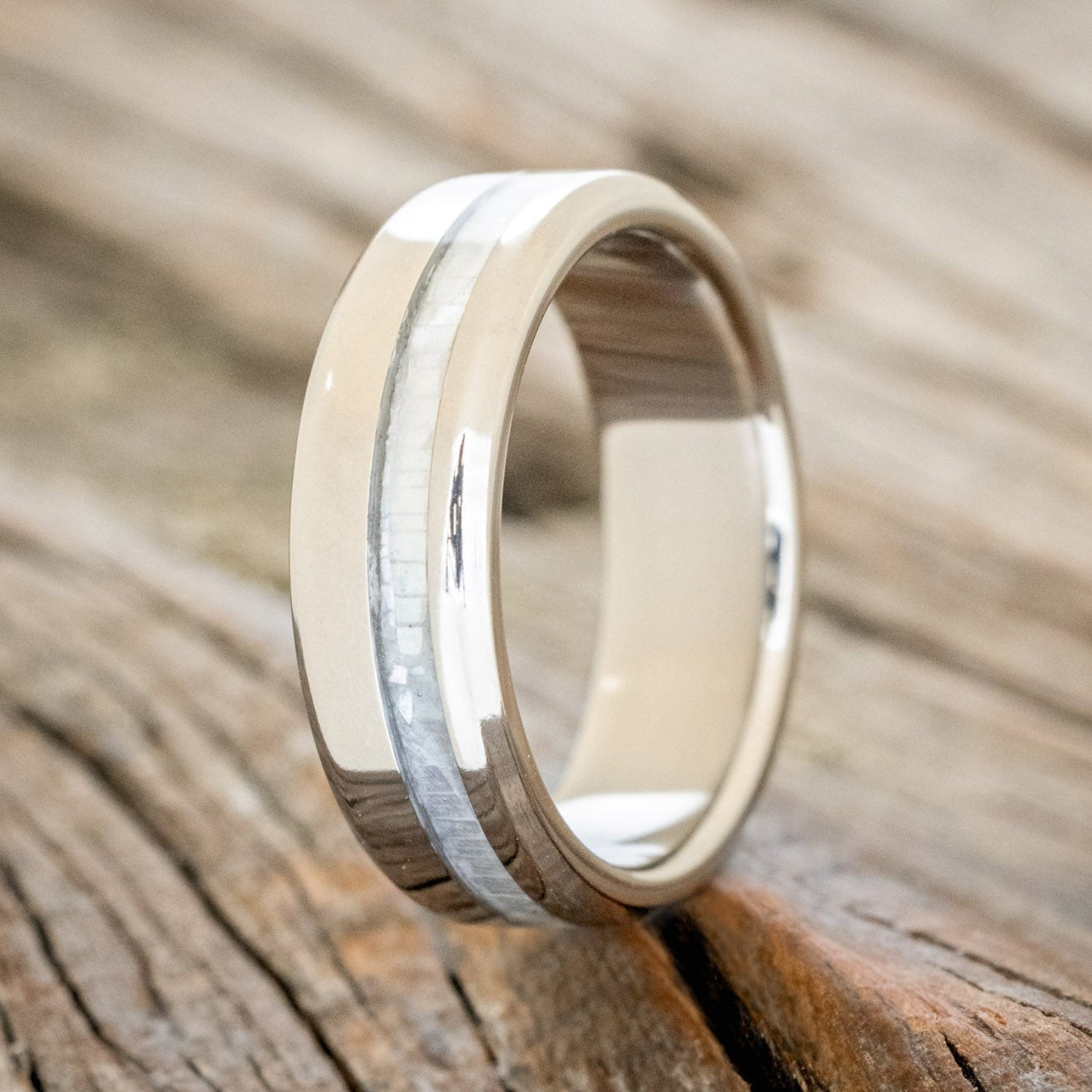 "VERTIGO" - MOTHER OF PEARL INLAY WEDDING BAND-1