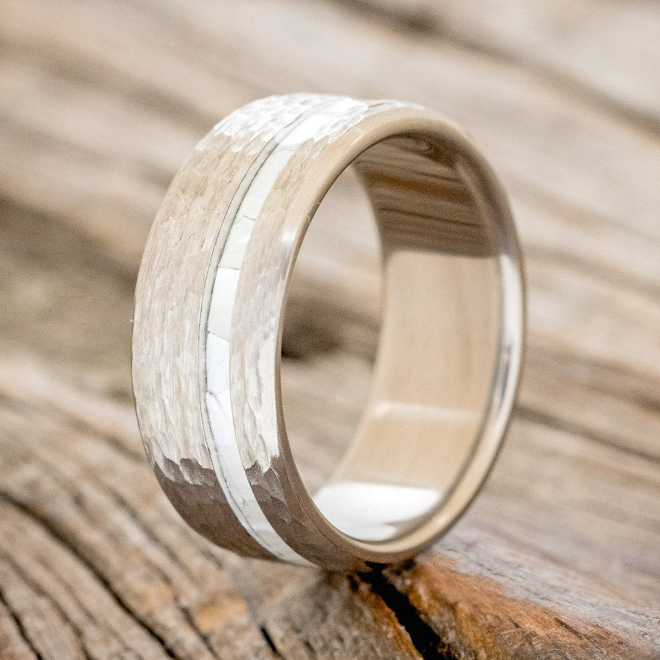 "VERTIGO" - MOTHER OF PEARL WEDDING BAND WITH A HAMMERED FINISH-1