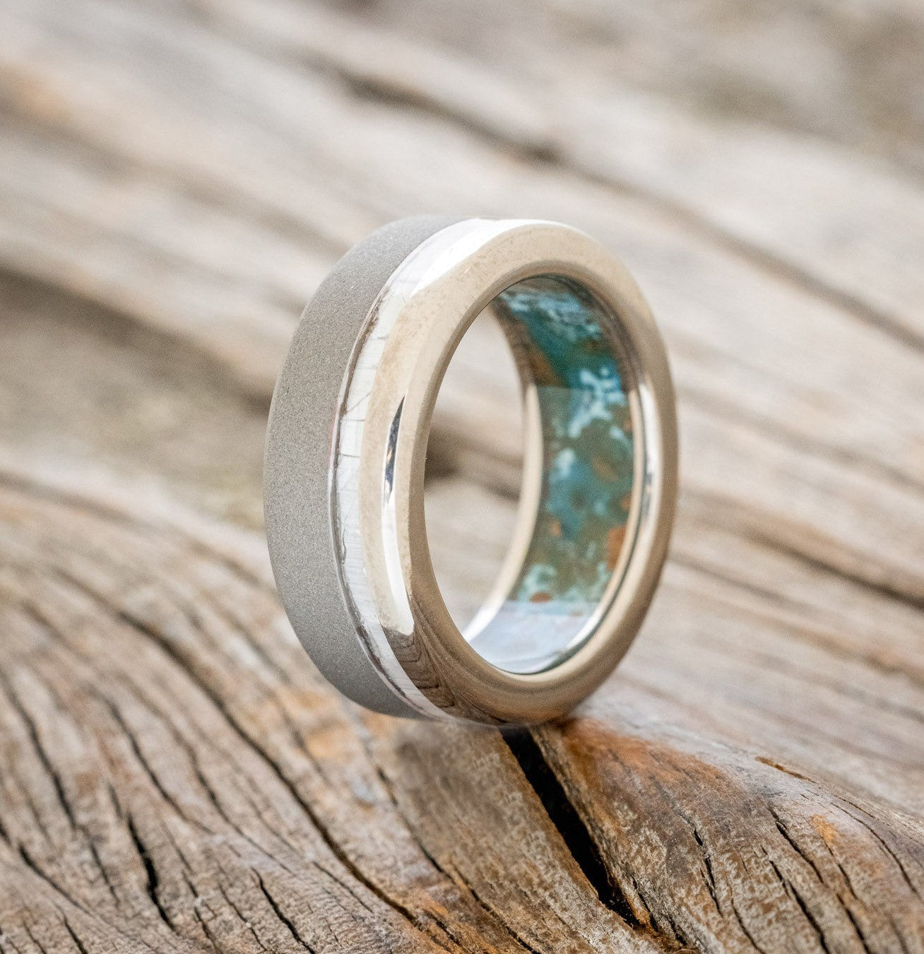 "VERTIGO" - MOTHER OF PEARL WEDDING RING WITH PATINA COPPER LINING FEATURING A SANDBLASTED FINISH-1