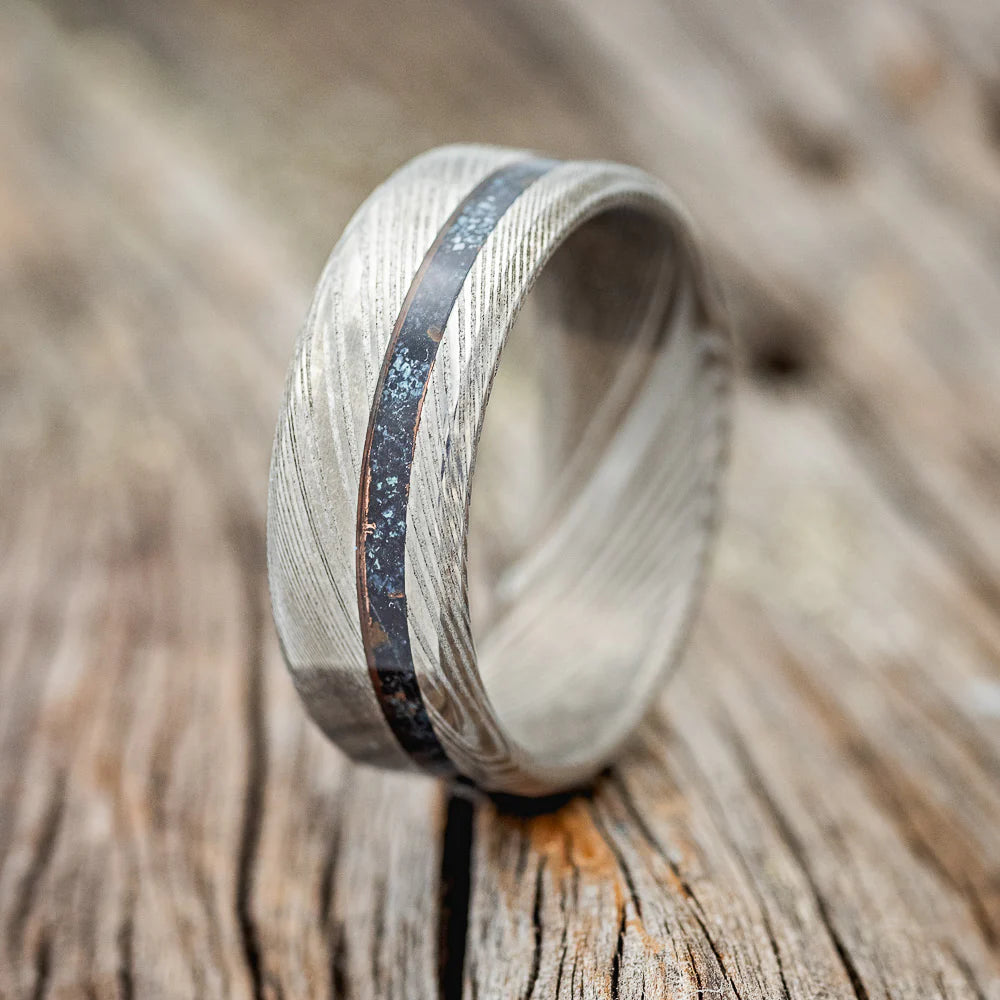 "VERTIGO" - OFFSET PATINA COPPER WEDDING BAND - DAMASCUS STEEL - SIZE 8 1/2-1