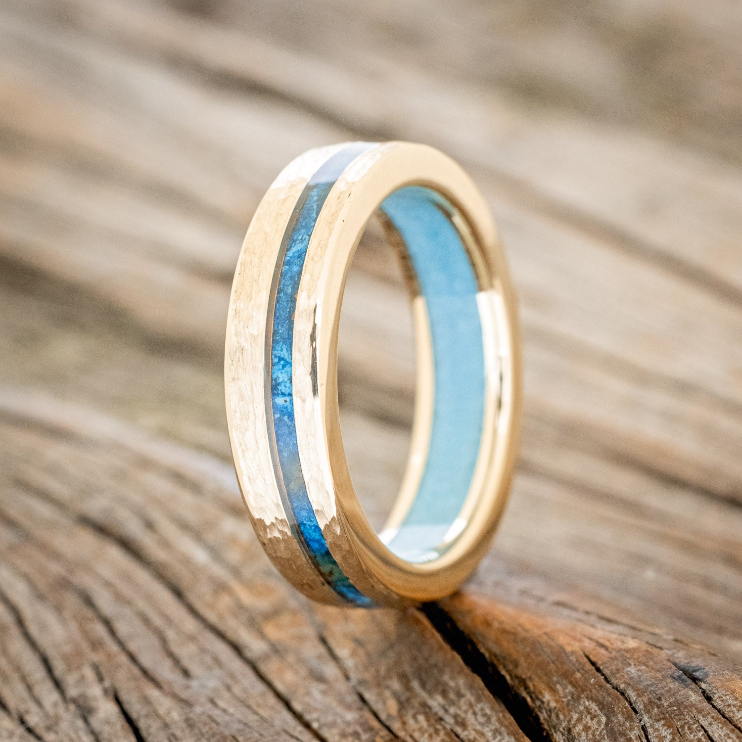 "VERTIGO" - PATINA COPPER WEDDING RING FEATURING A TURQUOISE LINING & HAMMERED 14K GOLD BAND-1