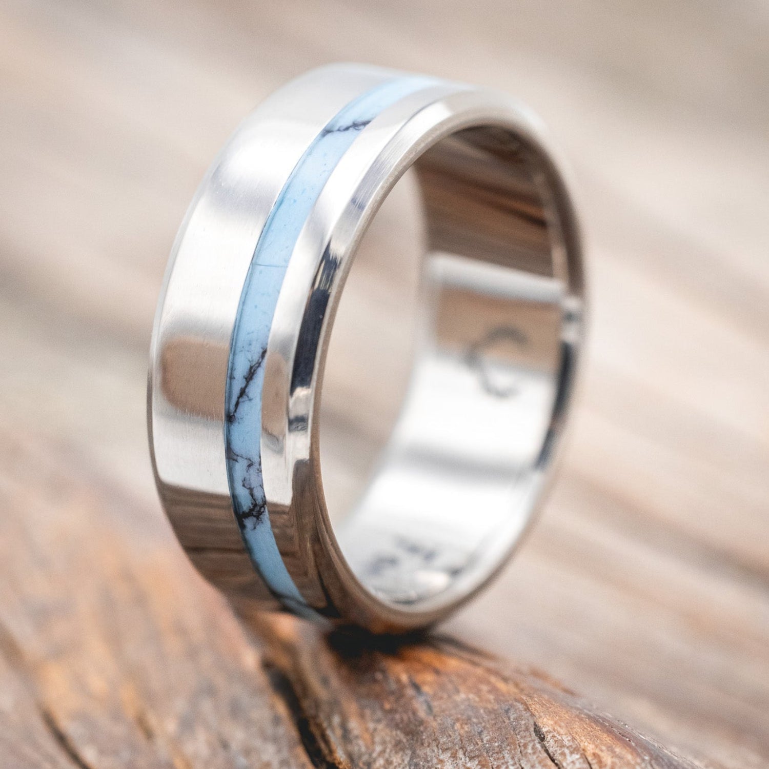 "Vertigo" - men's wedding band featuring turquoise & black matrix TruStone inlay.