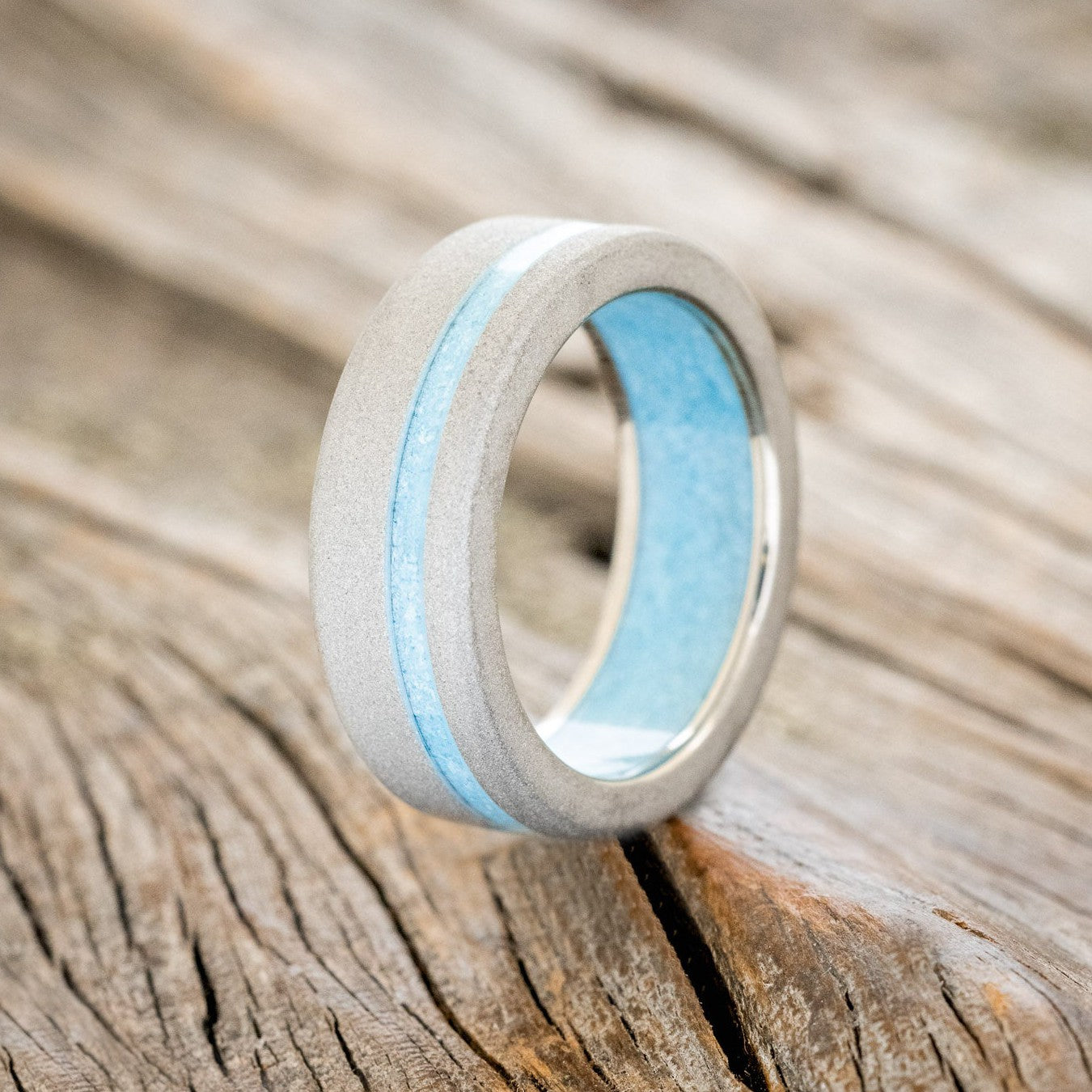 "VERTIGO" - TURQUOISE INLAY & LINING WEDDING BAND WITH A SANDBLASTED FINISH-1