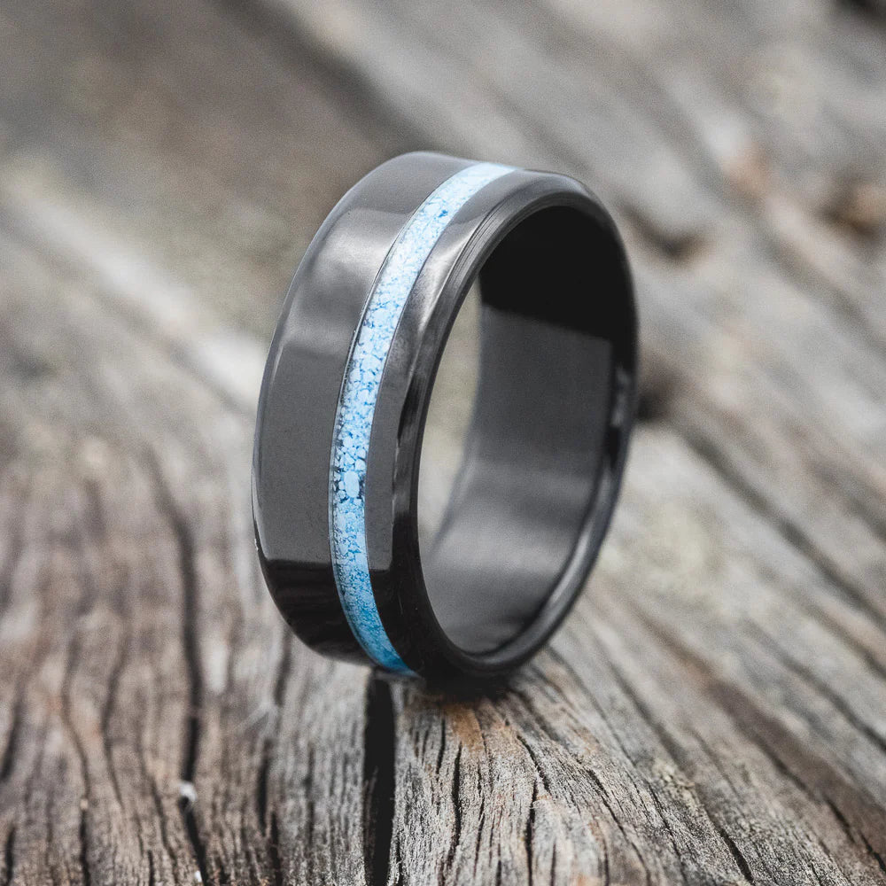 "VERTIGO" - TURQUOISE INLAY WEDDING BAND - BLACK ZIRCONIUM - SIZE 11-Staghead Designs