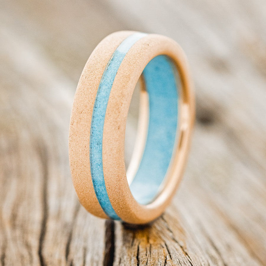 "VERTIGO" - TURQUOISE LINING & OFFSET TURQUOISE INLAY WEDDING RING FEATURING A SANDBLASTED BAND-1