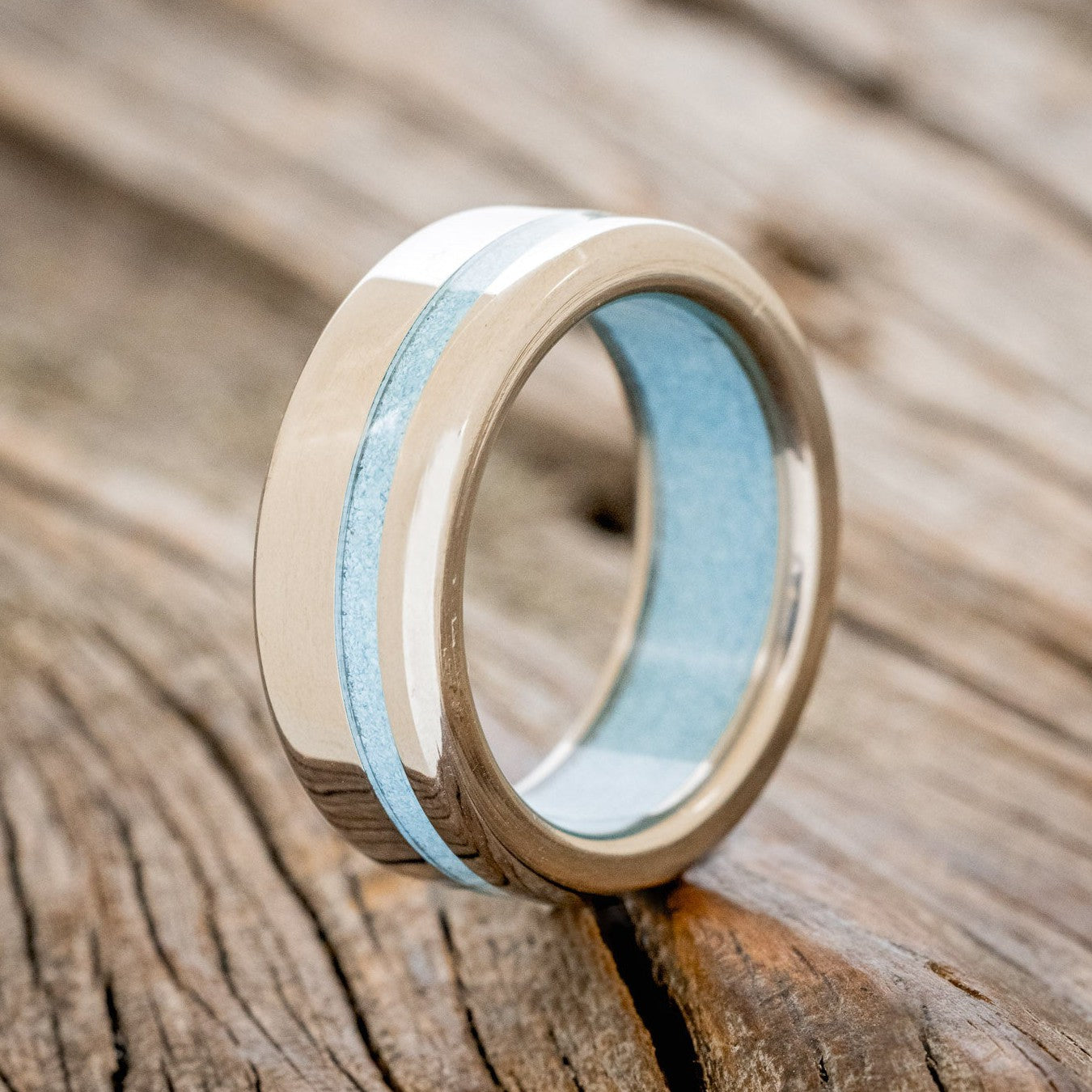 "VERTIGO" - TURQUOISE WEDDING RING FEATURING A TURQUOISE LINED BAND-1