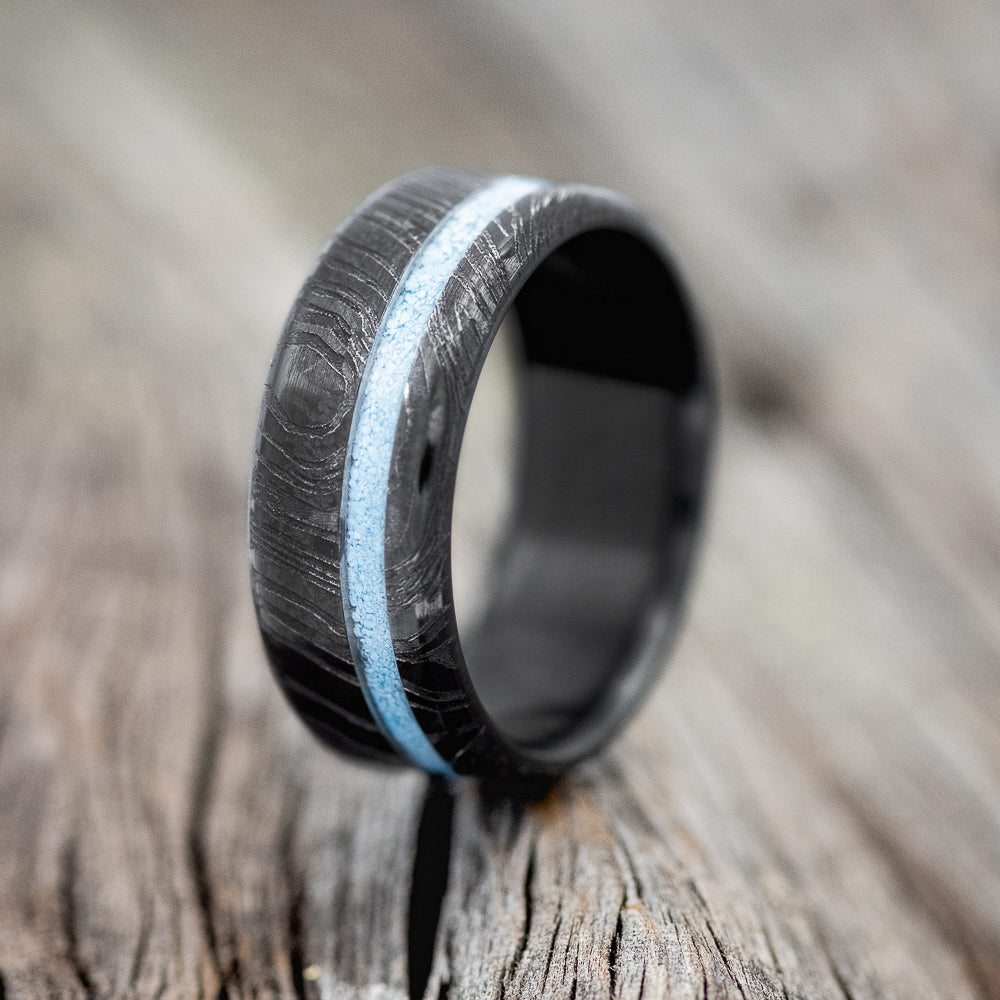 "VERTIGO" - TURQUOISE WEDDING RING FEATURING A WOODGRAIN BAND - READY TO SHIP-1