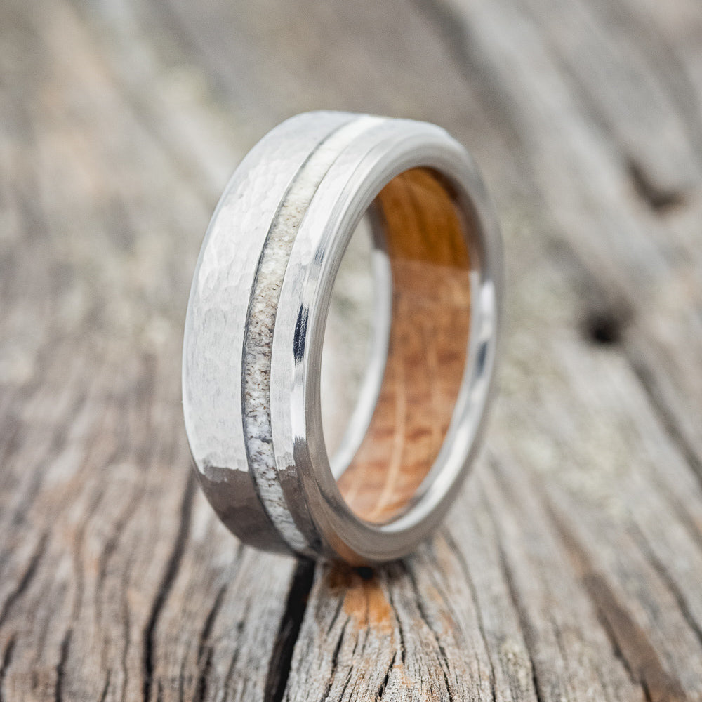"VERTIGO" - ANTLER WEDDING RING WITH A WHISKEY BARREL LINING - READY TO SHIP-Staghead Designs