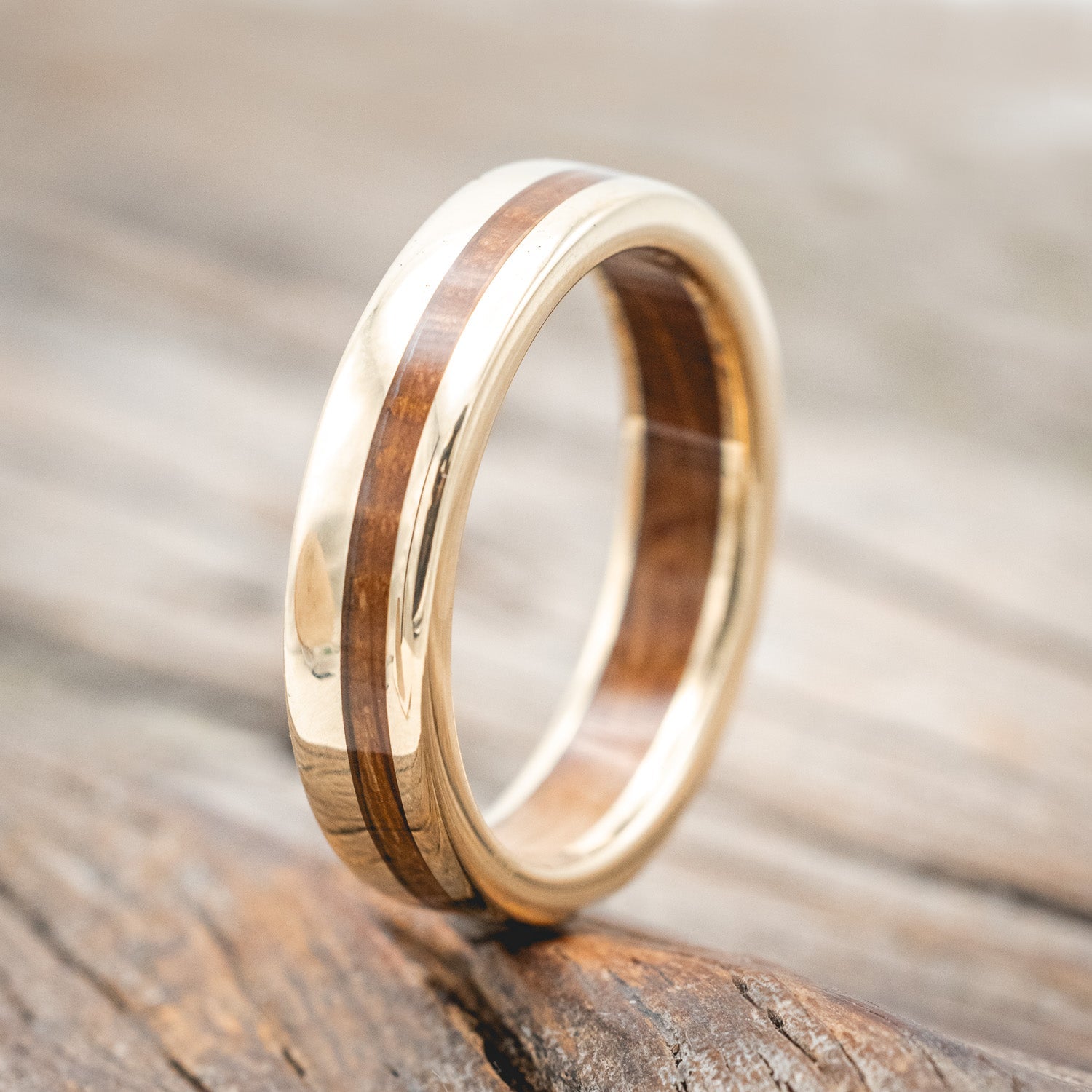 "VERTIGO" - WHISKEY BARREL OAK INLAY & LINING WEDDING RING-Staghead Designs