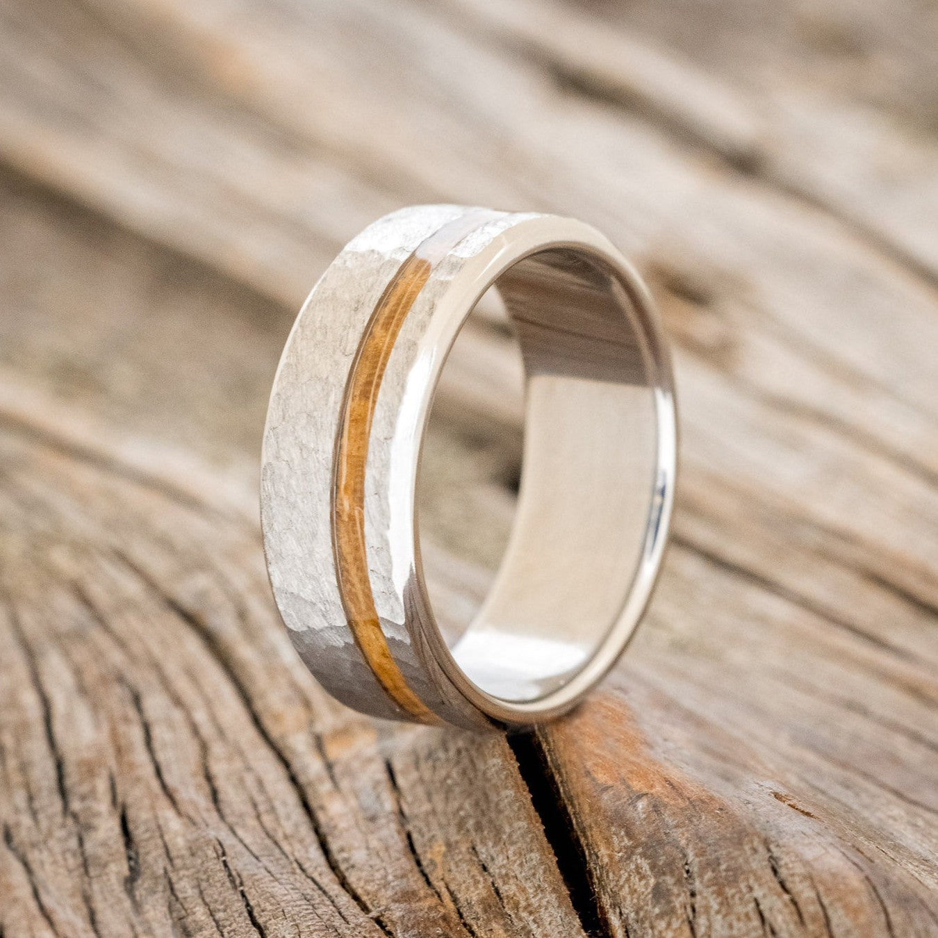 "VERTIGO" - WHISKEY BARREL OAK WEDDING BAND WITH HAMMERED FINISH-1