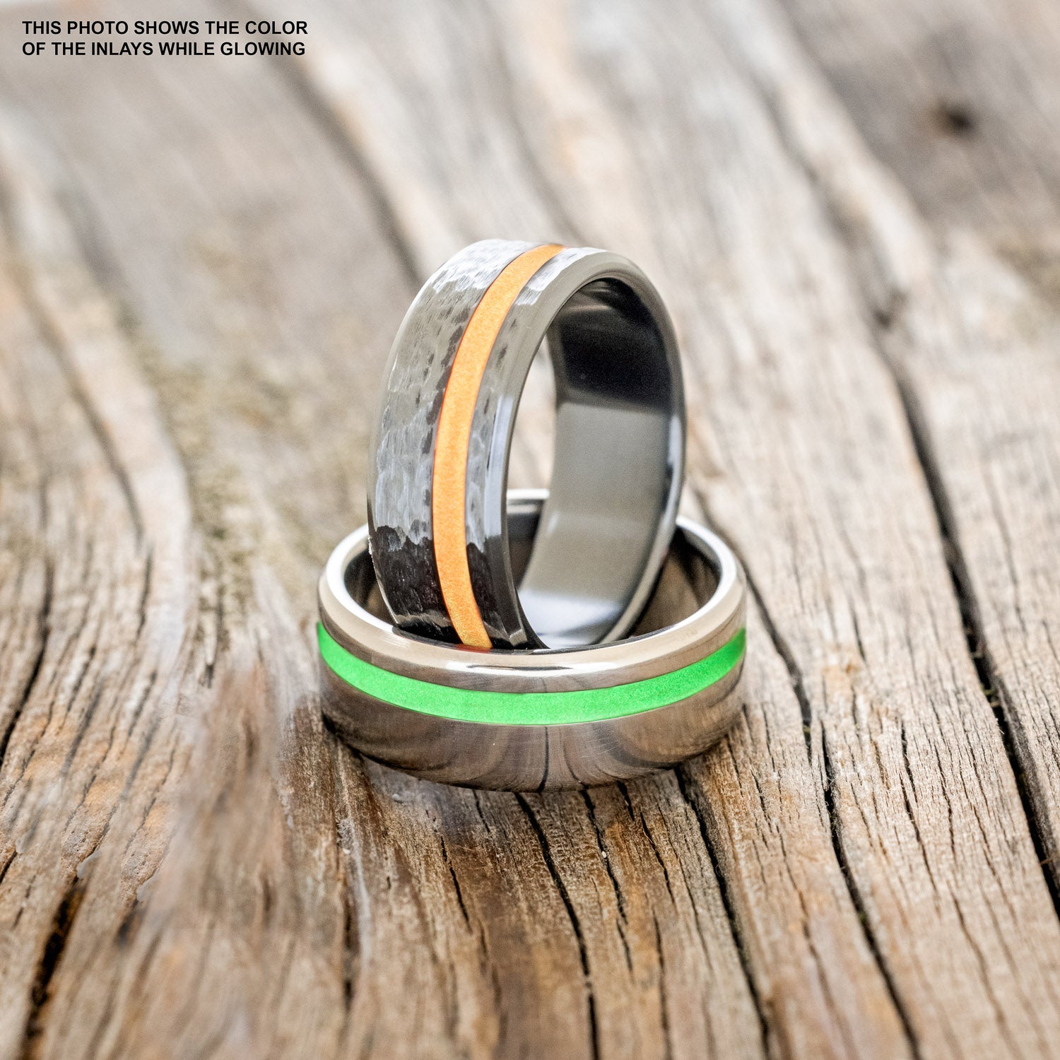 "VERTIGO" - RED GLOW IN THE DARK INLAY WEDDING BAND WITH A HAMMERED FINISH-8